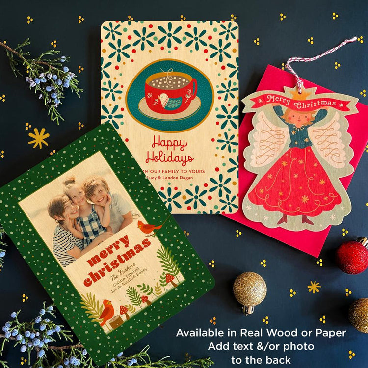 Wood holiday cards and reindeer ornament card that can be customized with your personal greeting and photo (optional)