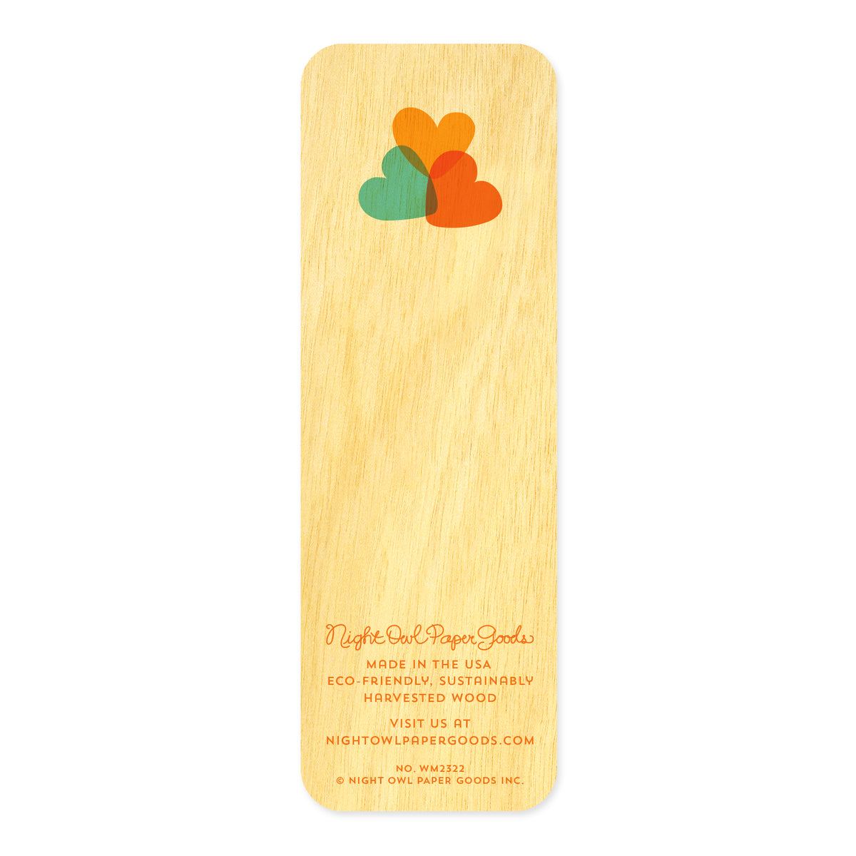 Back of Baby Mini wood bookmark with colorful heart design and branding text