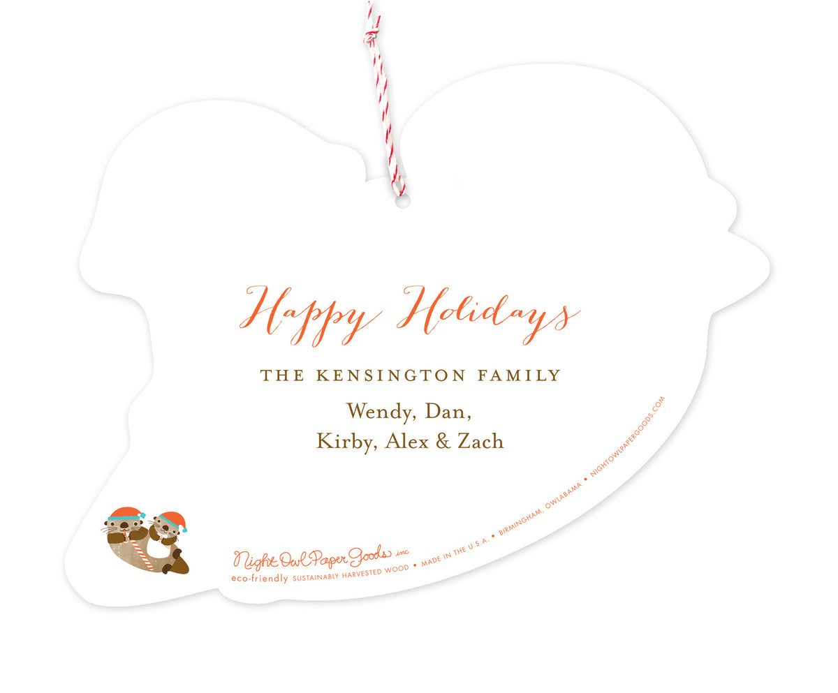 Back of customizable die-cut paper Christmas ornament card with a small santa otter graphic and a personal message.