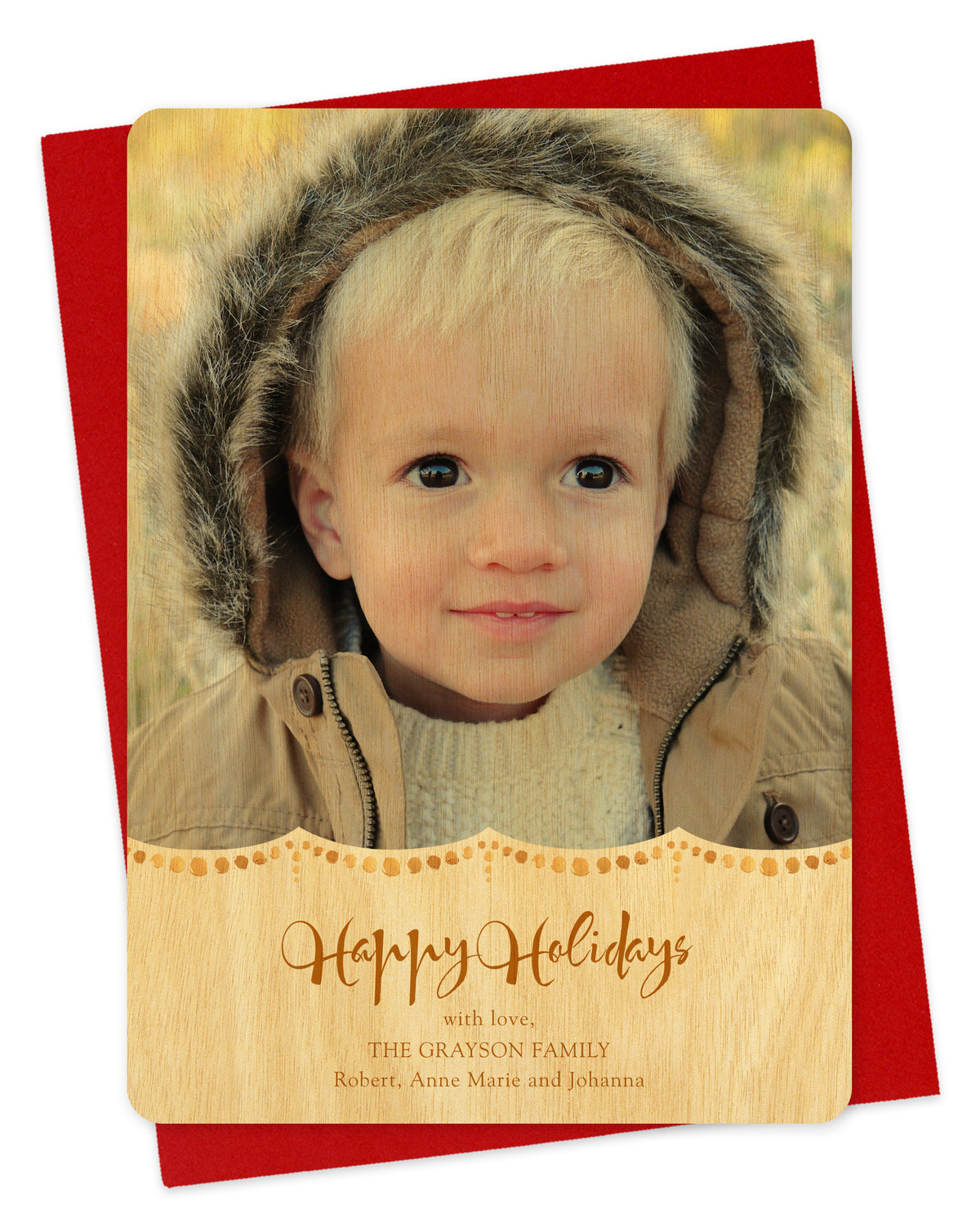 Customizable wood holiday card featuring your photo, a gold dot pattern, 'Happy Holidays' text and a personal greeting. Shown on a red envelope.