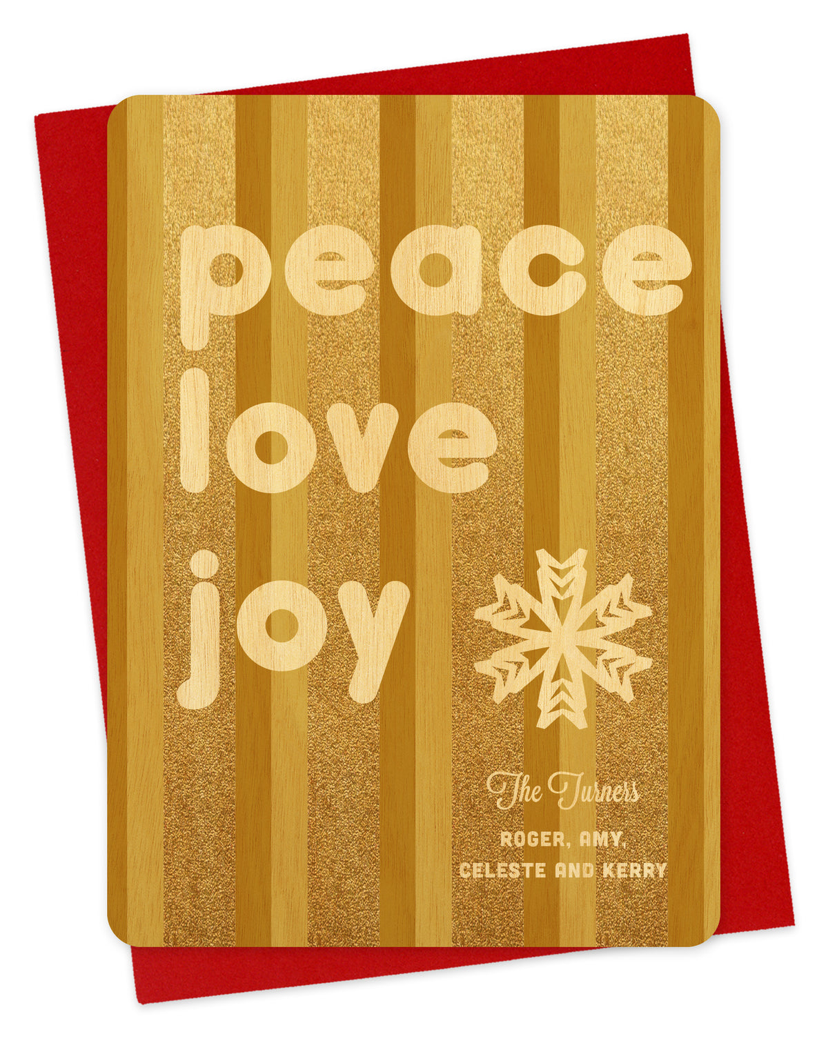 Customizable birch wood holiday card featuring glittering gold vertical stripes, a snowflake, a “Peace Love Joy” message and a personal greeting. Shown with a red envelope.