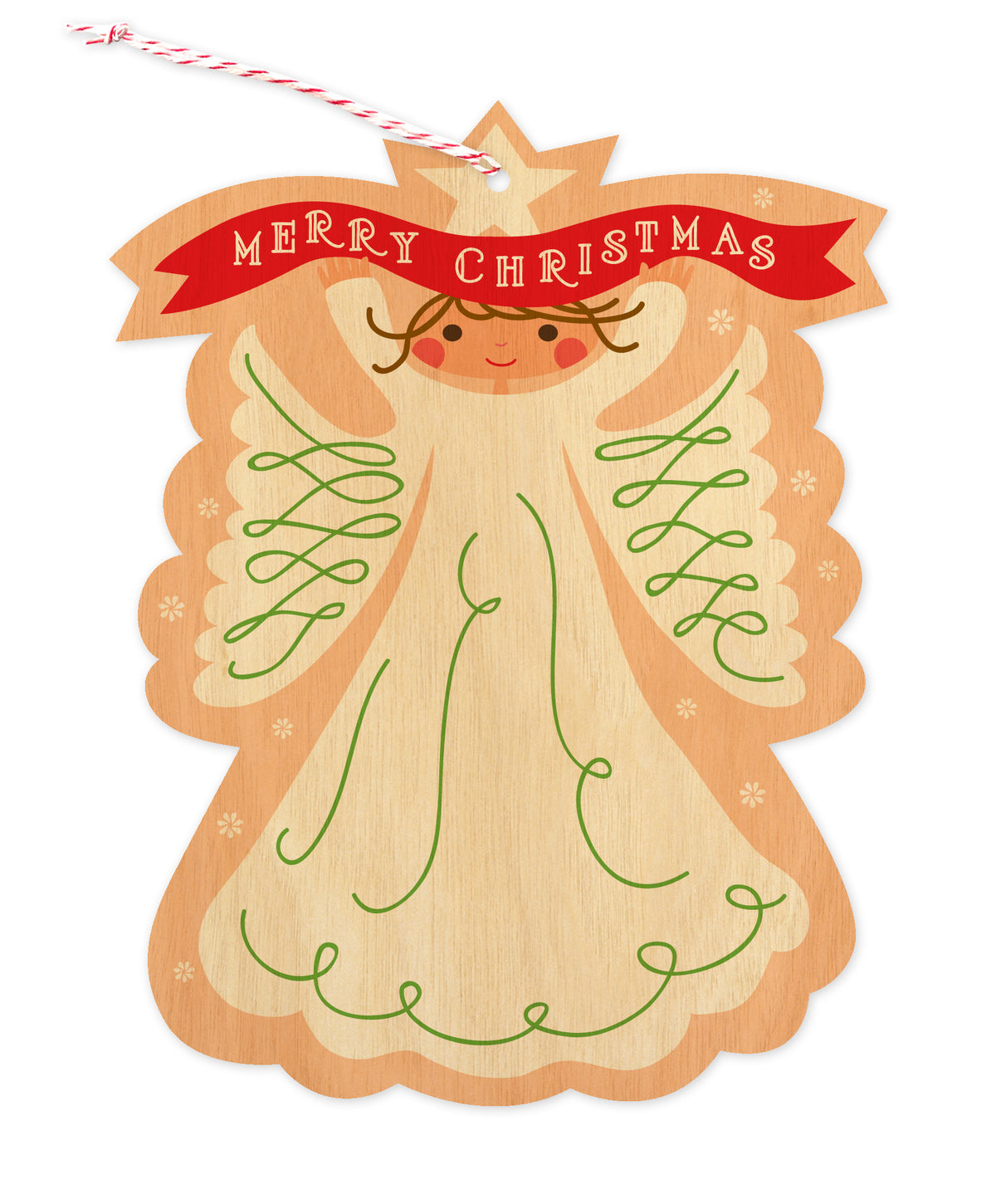 Front of paper holiday ornament card featuring a sweet, traditional angel holding a festive "Merry Christmas" banner on a printed birch wood background. 