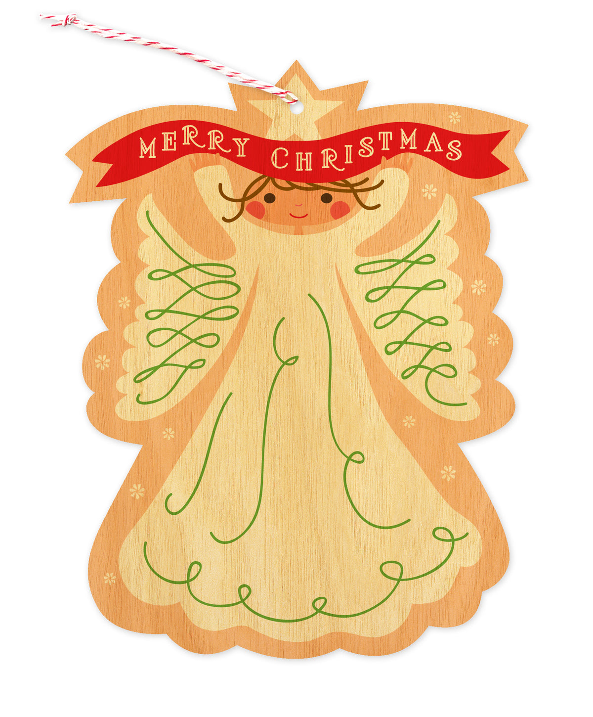 Front of wood holiday ornament card featuring a sweet, traditional angel holding a festive "Merry Christmas" banner. 