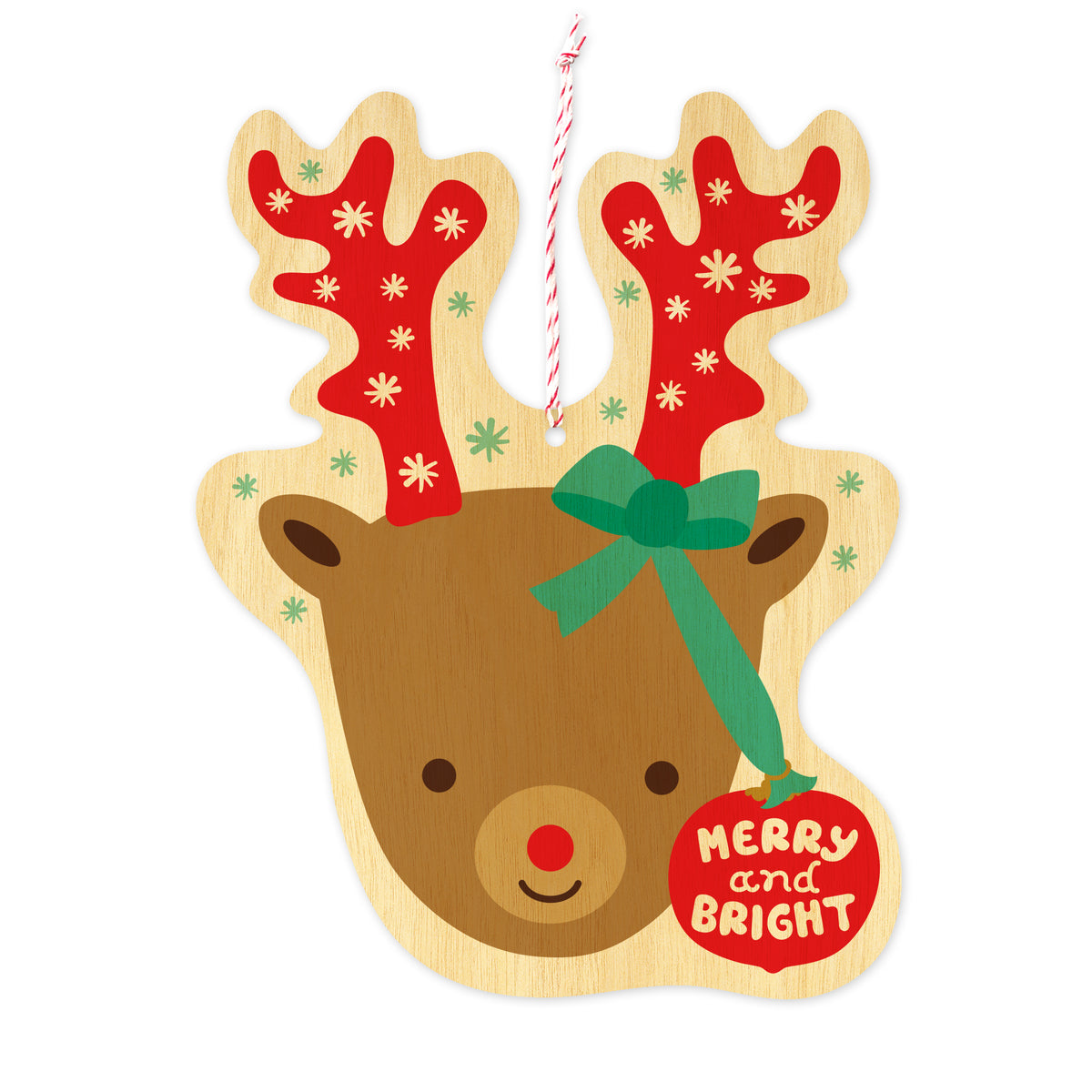Front of customizable birch wood holiday ornament card featuring a cute reindeer face with red nose and green bow with red ornament dangling from antlers. The ornament reads, "Merry & Bright". Flat ornament is the shape of reindeer head with antlers and comes with red and white twine.