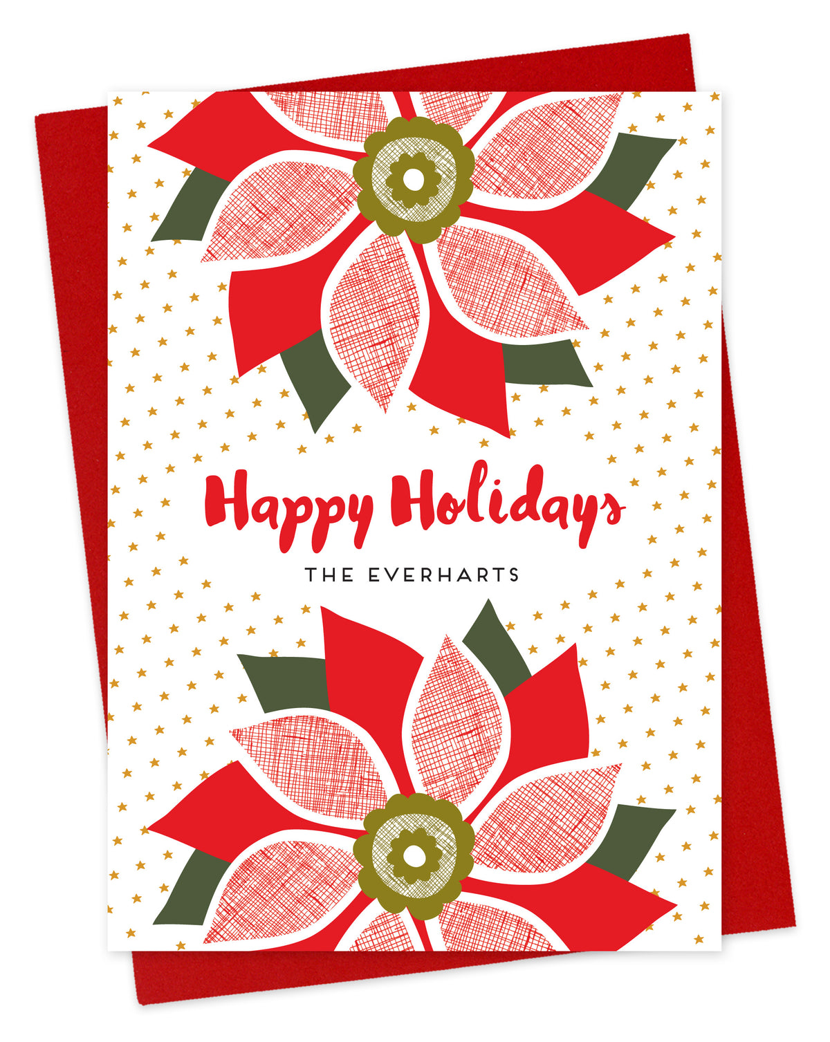Customizable paper holiday card with red poinsettias, “Happy Holidays” text and a personal message on a white background filled with small gold stars. Shown with a red envelope.