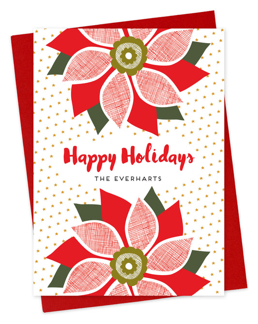 Customizable paper holiday card with red poinsettias, “Happy Holidays” text and a personal message on a white background filled with small gold stars. Shown with a red envelope.