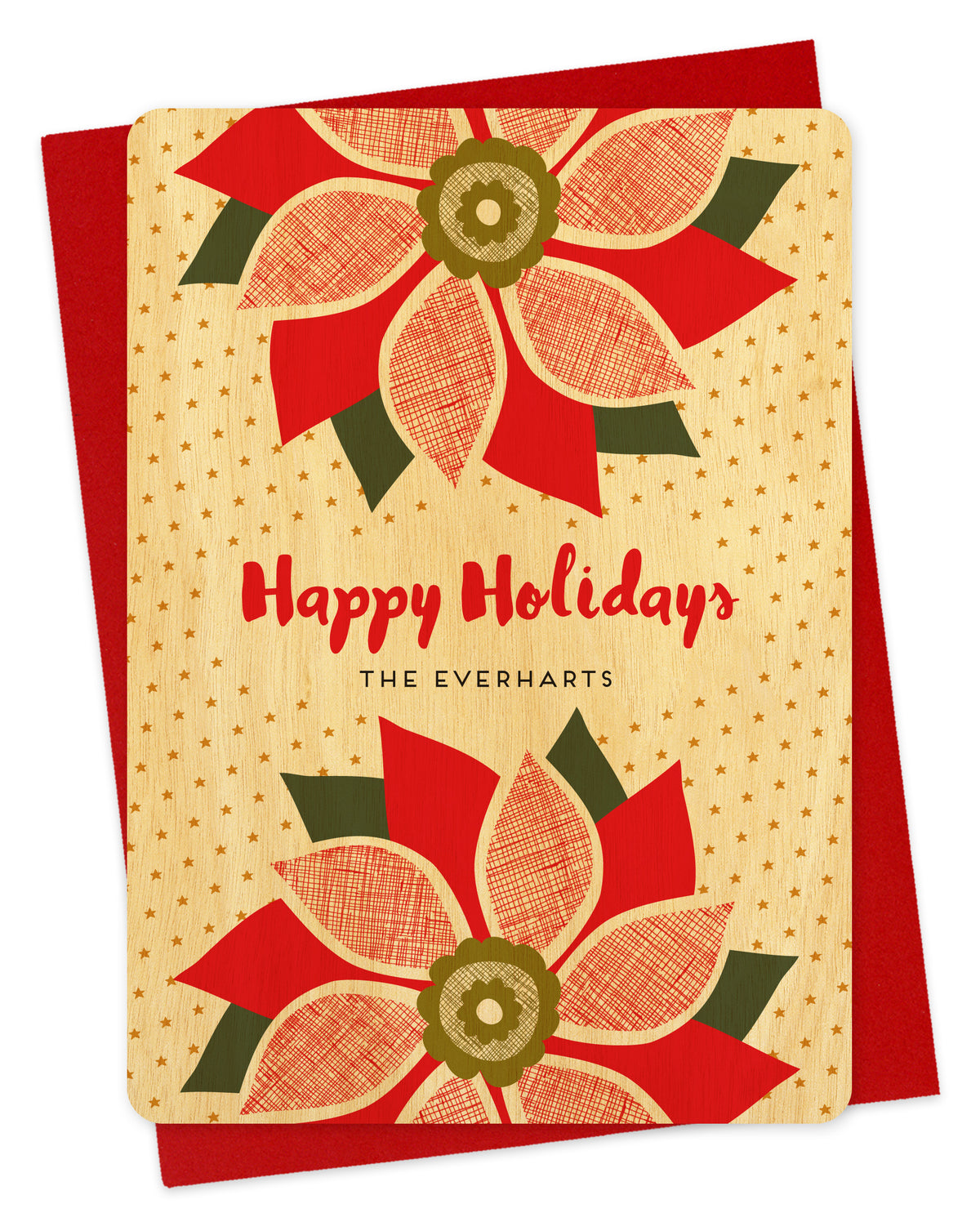 Customizable birch wood holiday card with red poinsettias, “Happy Holidays” text and a personal message on a background filled with small gold stars. Shown with a red envelope.
