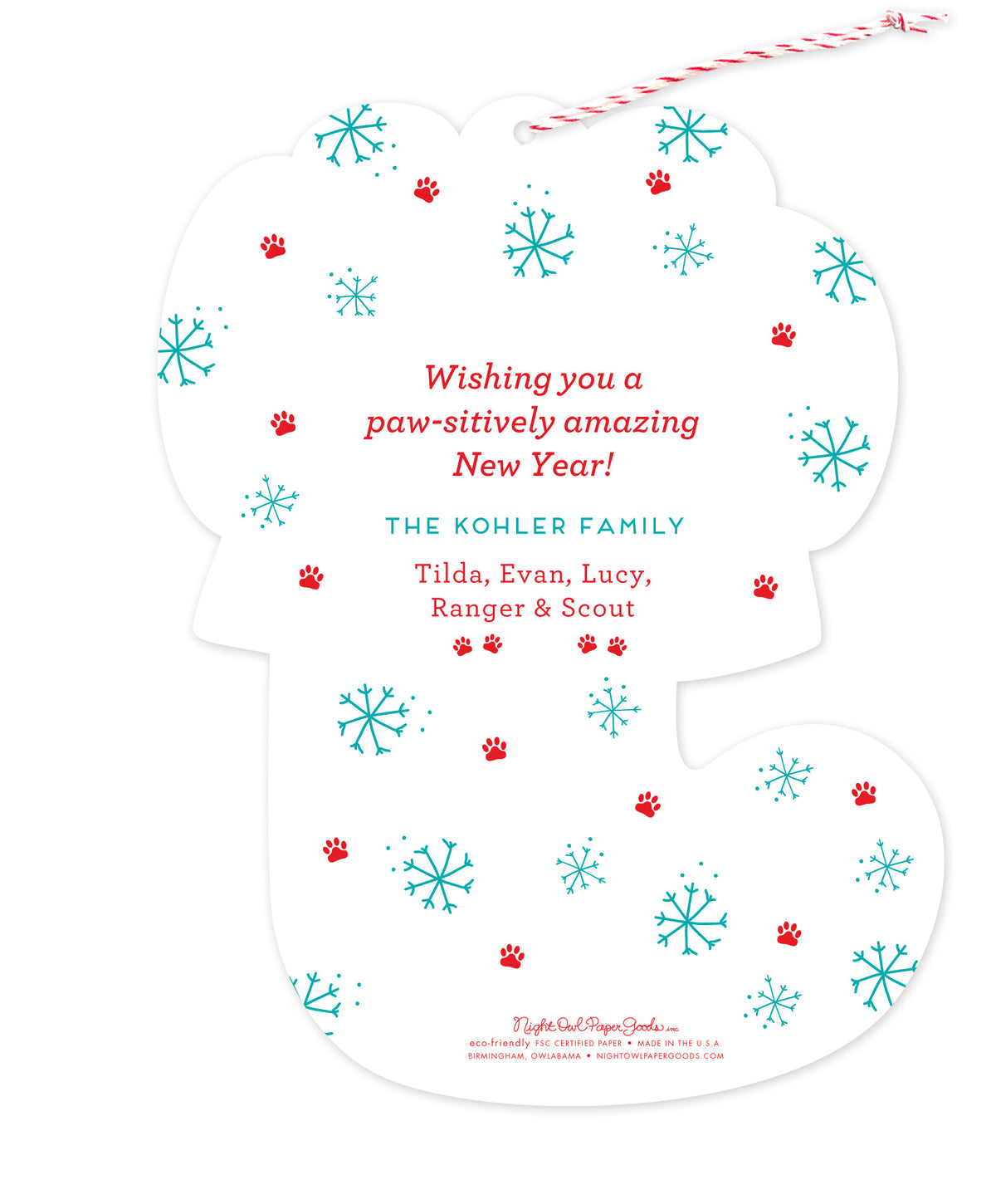 Back of customizable die-cut paper Christmas ornament card with snowflakes, paw prints and a personal message on a white background.