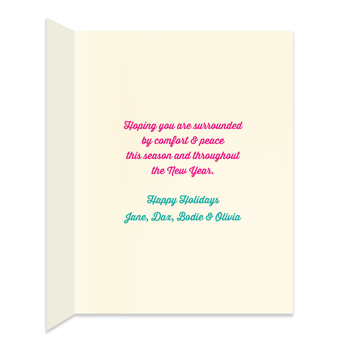 Inside of folded holiday card with personal greeting in coordinating pink and blue colors.