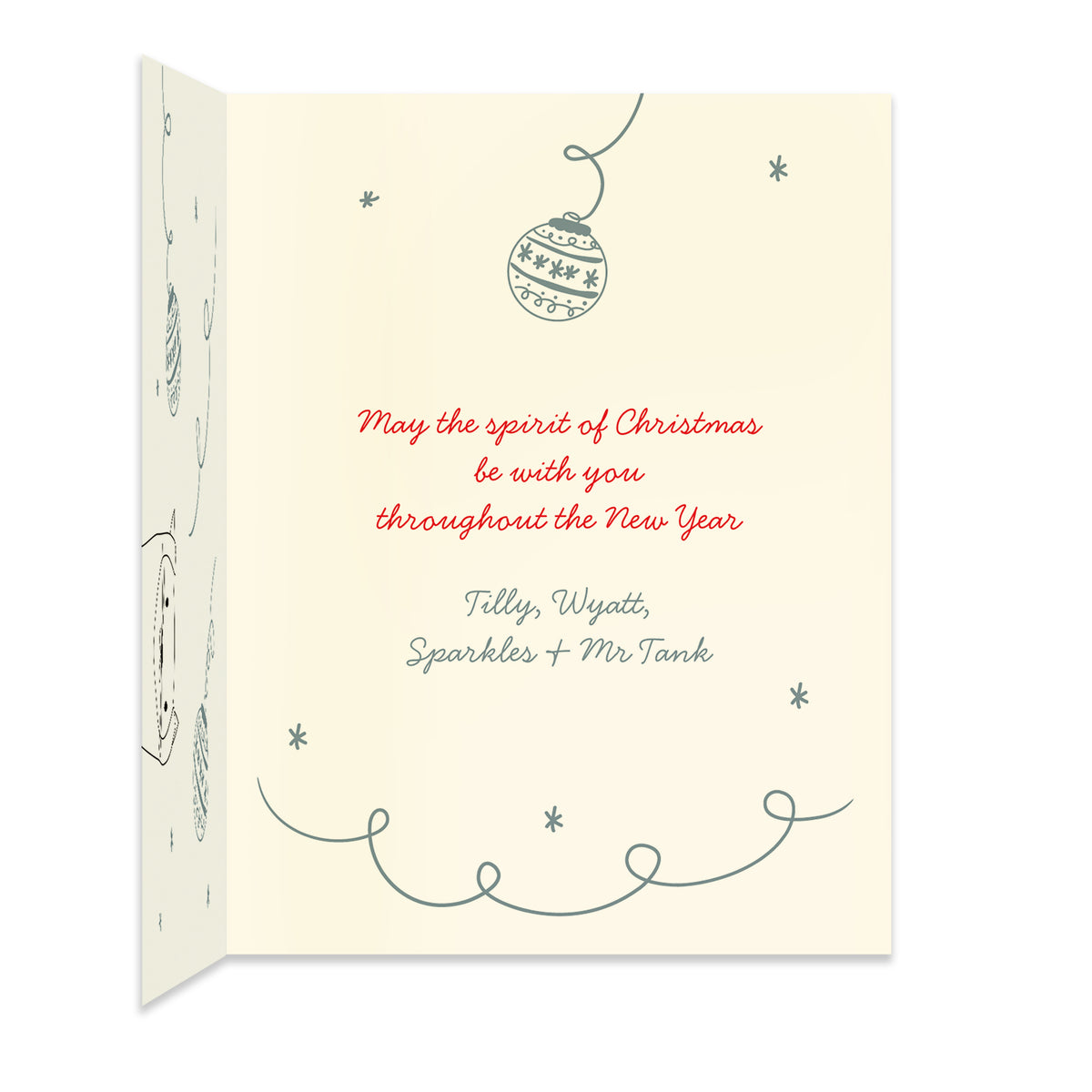 Inside of folded holiday card with coordinating illustrated ornament design and a personal greeting.