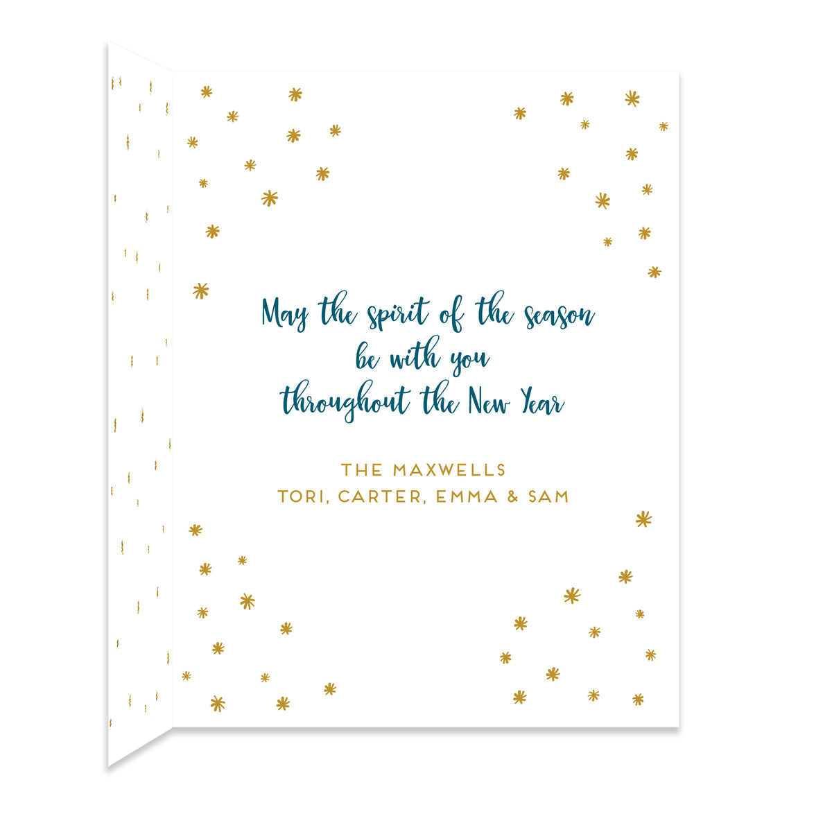 Inside of folded paper holiday card with coordinating gold star design and a personal greeting.