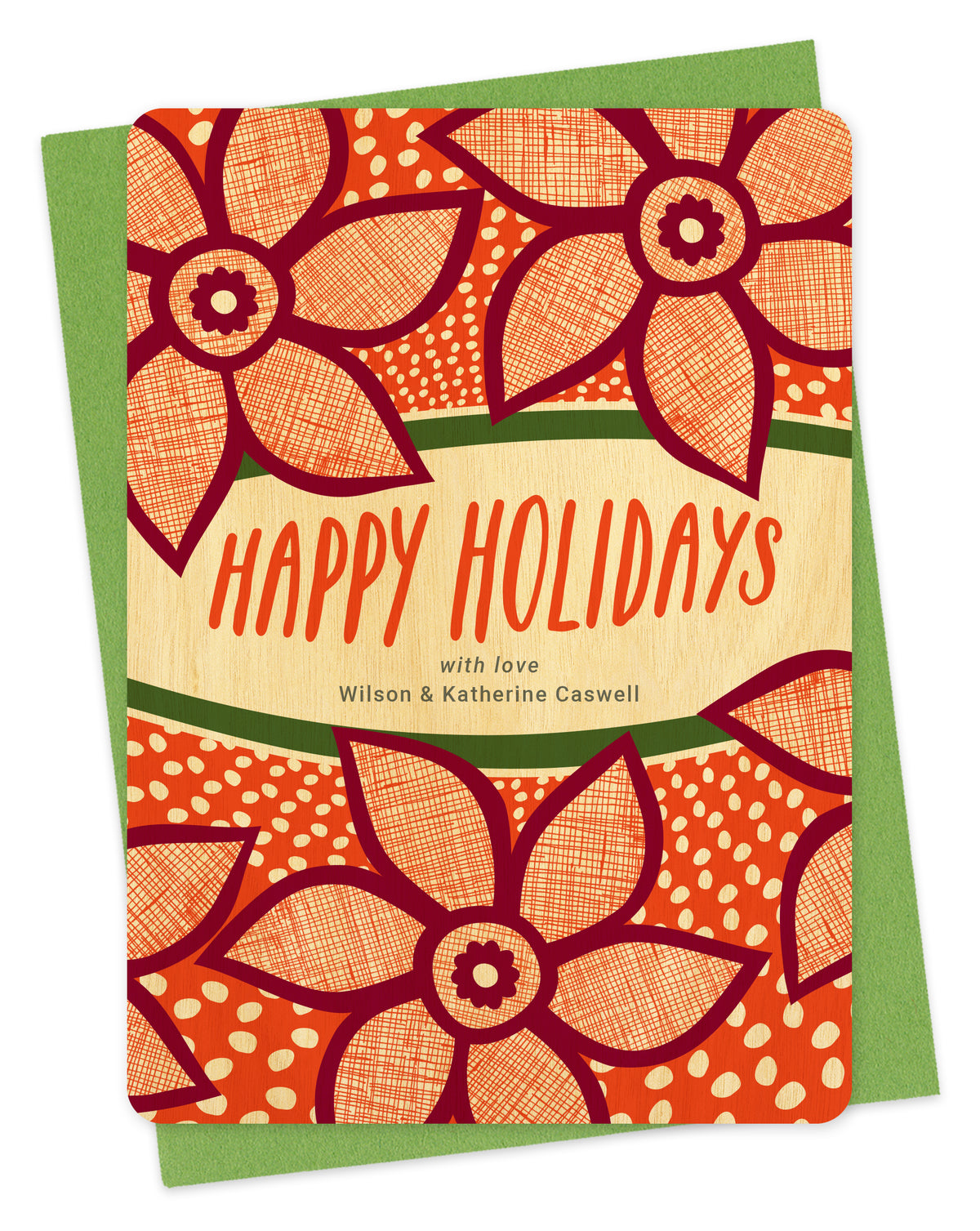 Customizable birch wood holiday card with red poinsettias, “Happy Holidays” text and a personal message on a speckled red background. Shown with a green envelope.