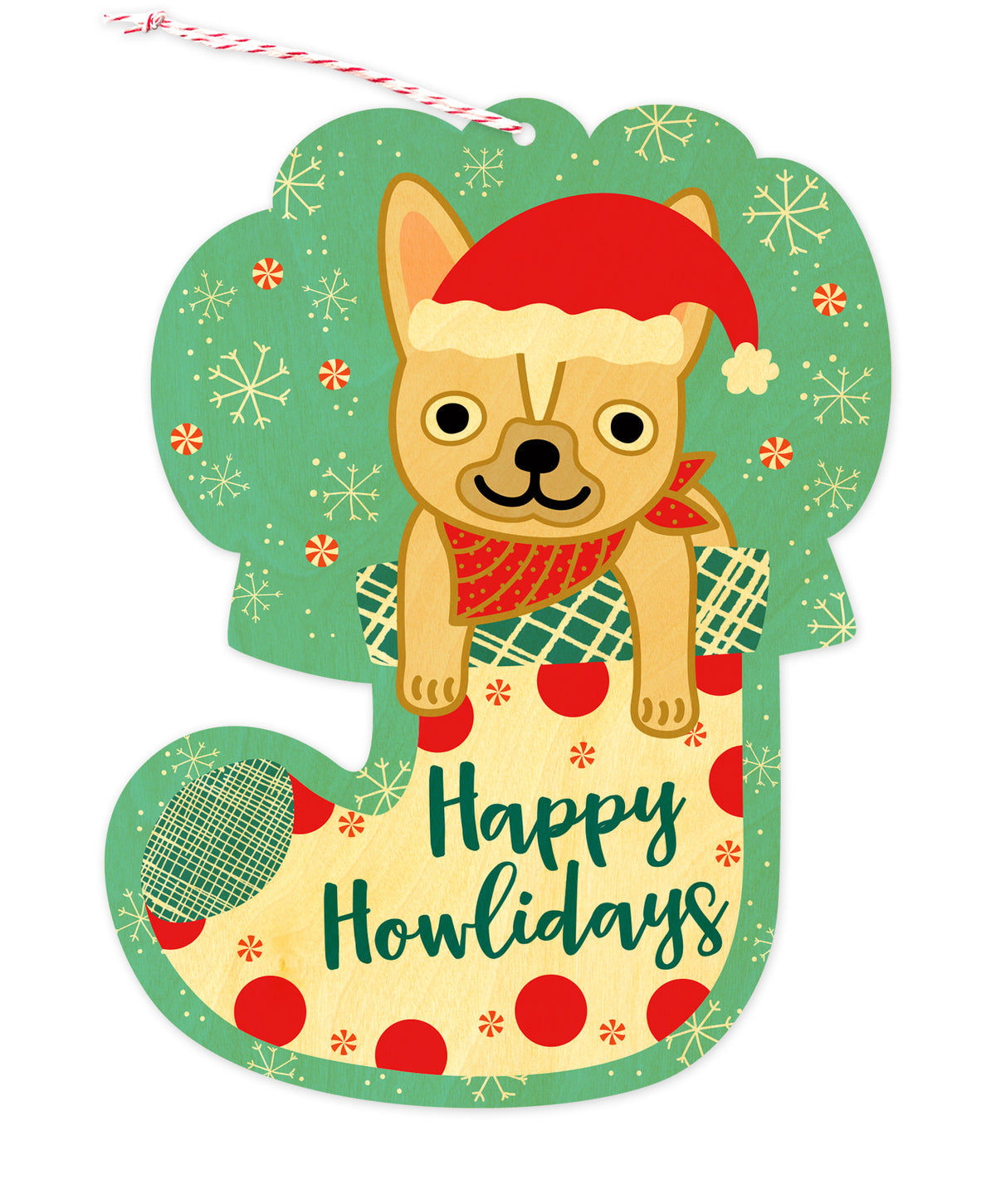 Front of die-cut wood holiday ornament card featuring a dog in a festive stocking with "Happy Howlidays" text.