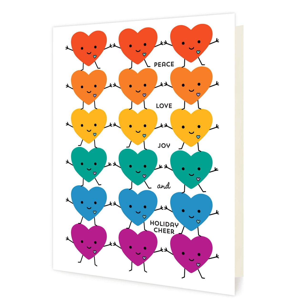 Front of folded holiday card featuring cheerful rainbow hearts on a white background with the message “Peace Love Joy and Holiday Cheer.”
