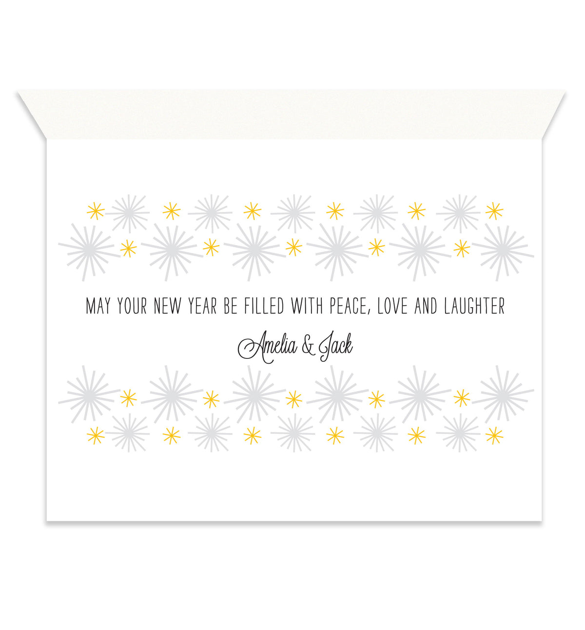 Inside of folded new year card with coordinating gold and grey starbursts and a personal greeting.