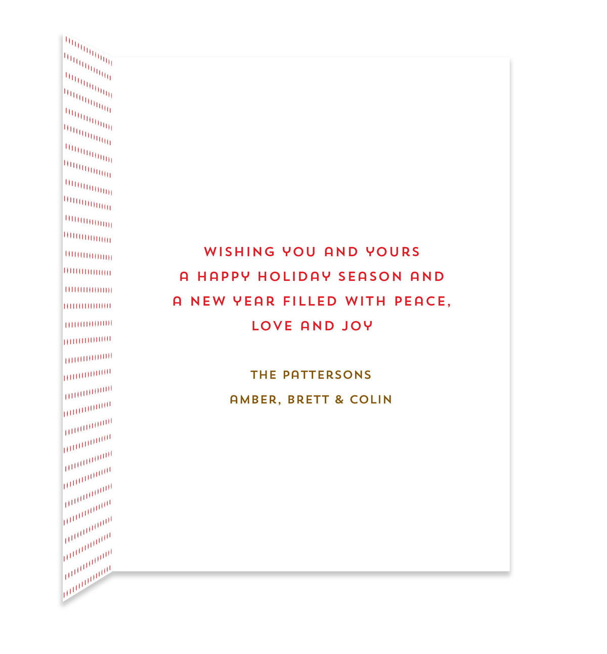 Inside of folded holiday card with coordinating small red dots and a personal greeting.