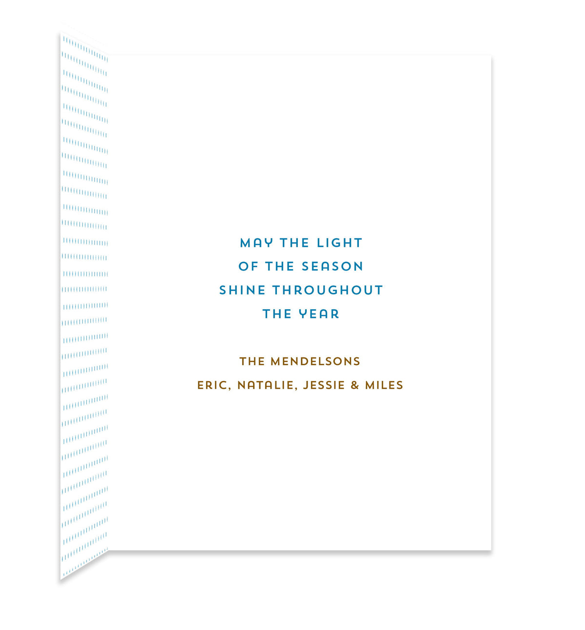 Inside of folded holiday card with coordinating small blue dots and a personal greeting.