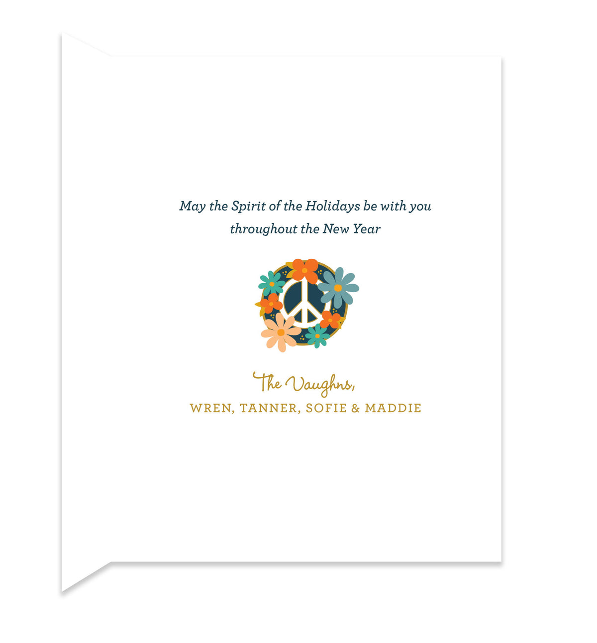 Inside of folded holiday card with coordinating floral peace sign and personal message.