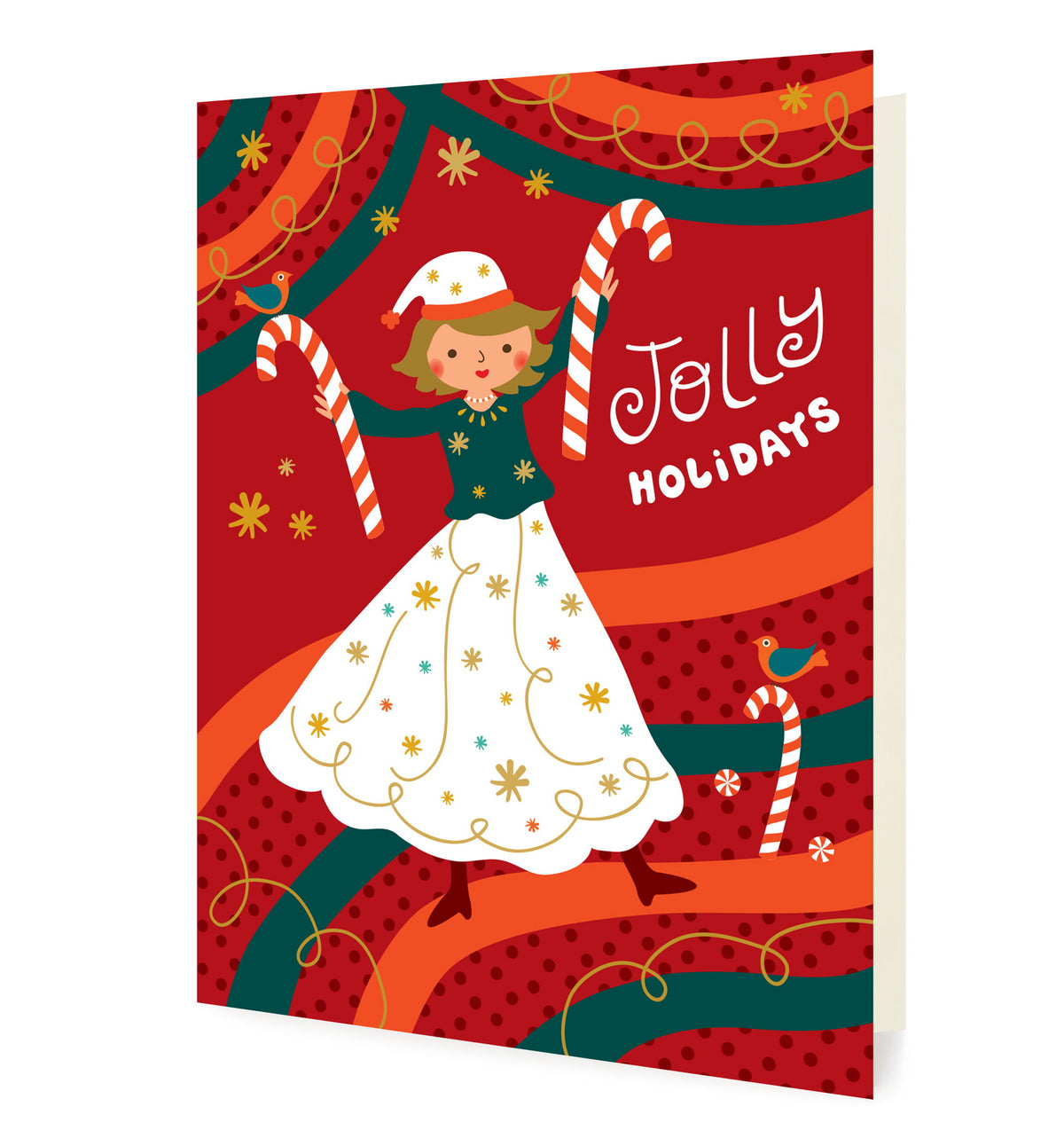 Front of folded Christmas card featuring a stylish woman dressed for the holidays on a festive red, green and gold background background with “Jolly Holidays” text.