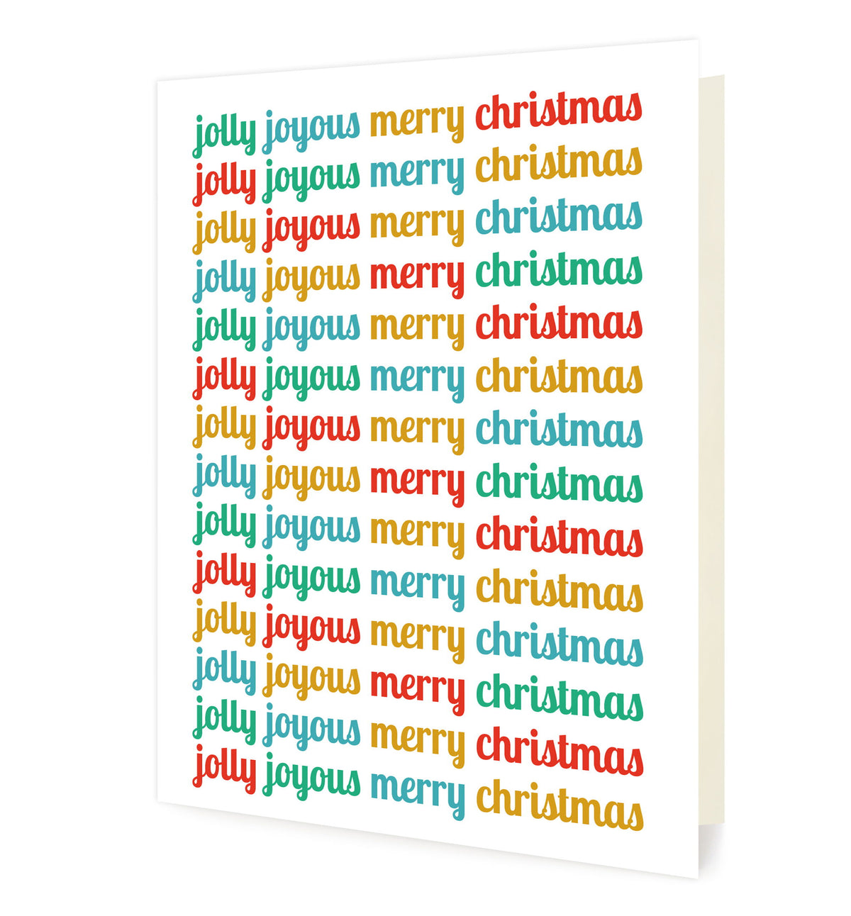 Front of folded holiday cards featuring cheerful, multicolored “Jolly Joyous Merry Christmas” text repeated down the length of the card on a white background.