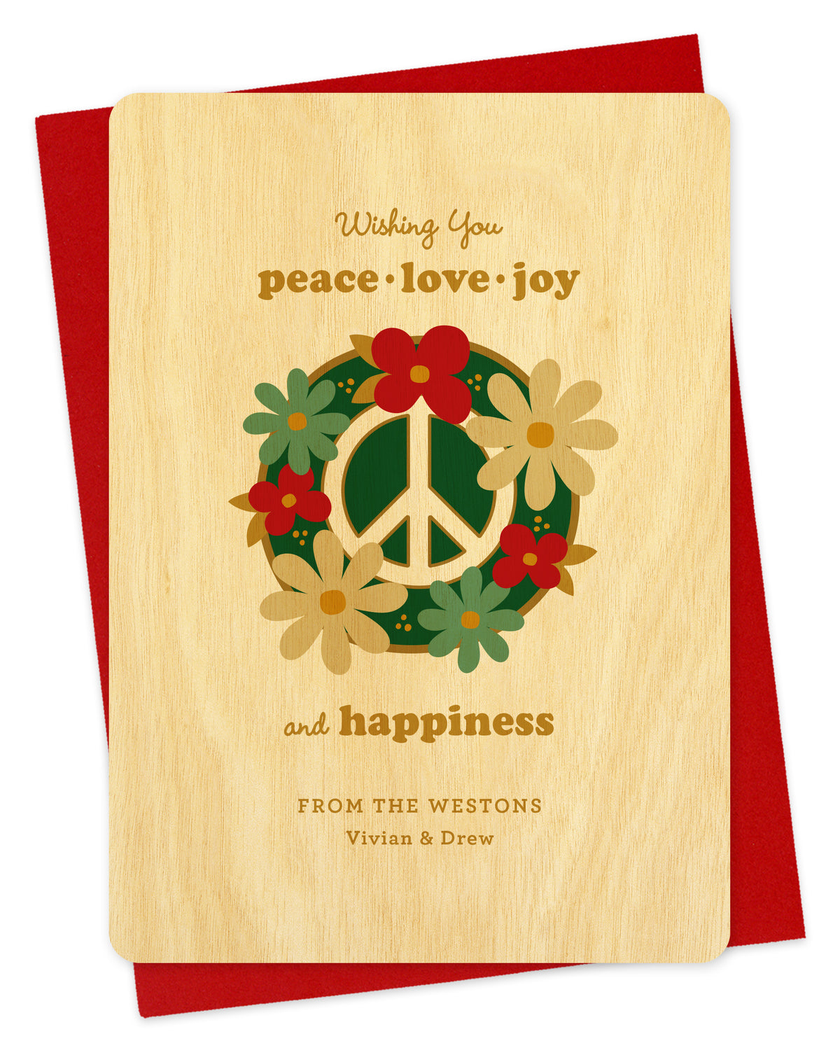Customizable birch wood holiday card featuring a bold peace sign decorated with festive florals, a “Wishing you peace, love, joy and happiness” text and a personal greeting. Shown with a red envelope.