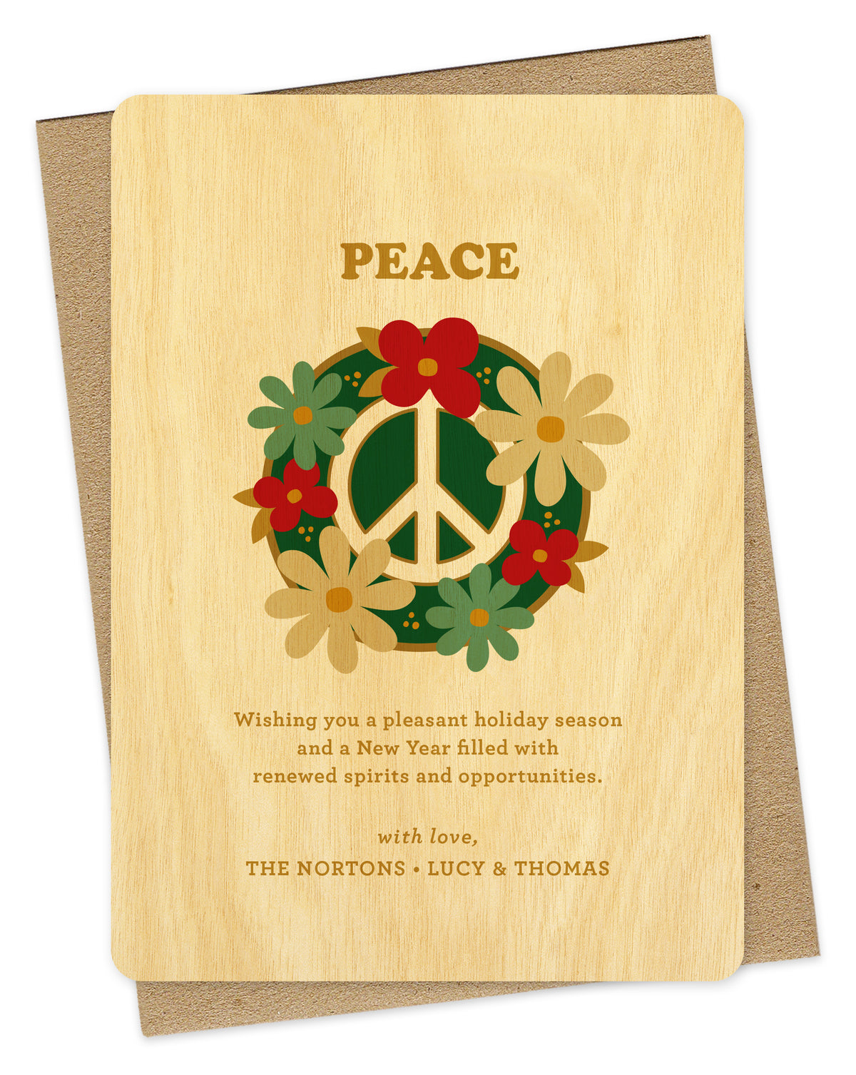 Customizable birch wood holiday card featuring a peace sign surrounded by colorful flowers with “Peace” text at the top and a personal greeting at the bottom. Shown with a kraft envelope.