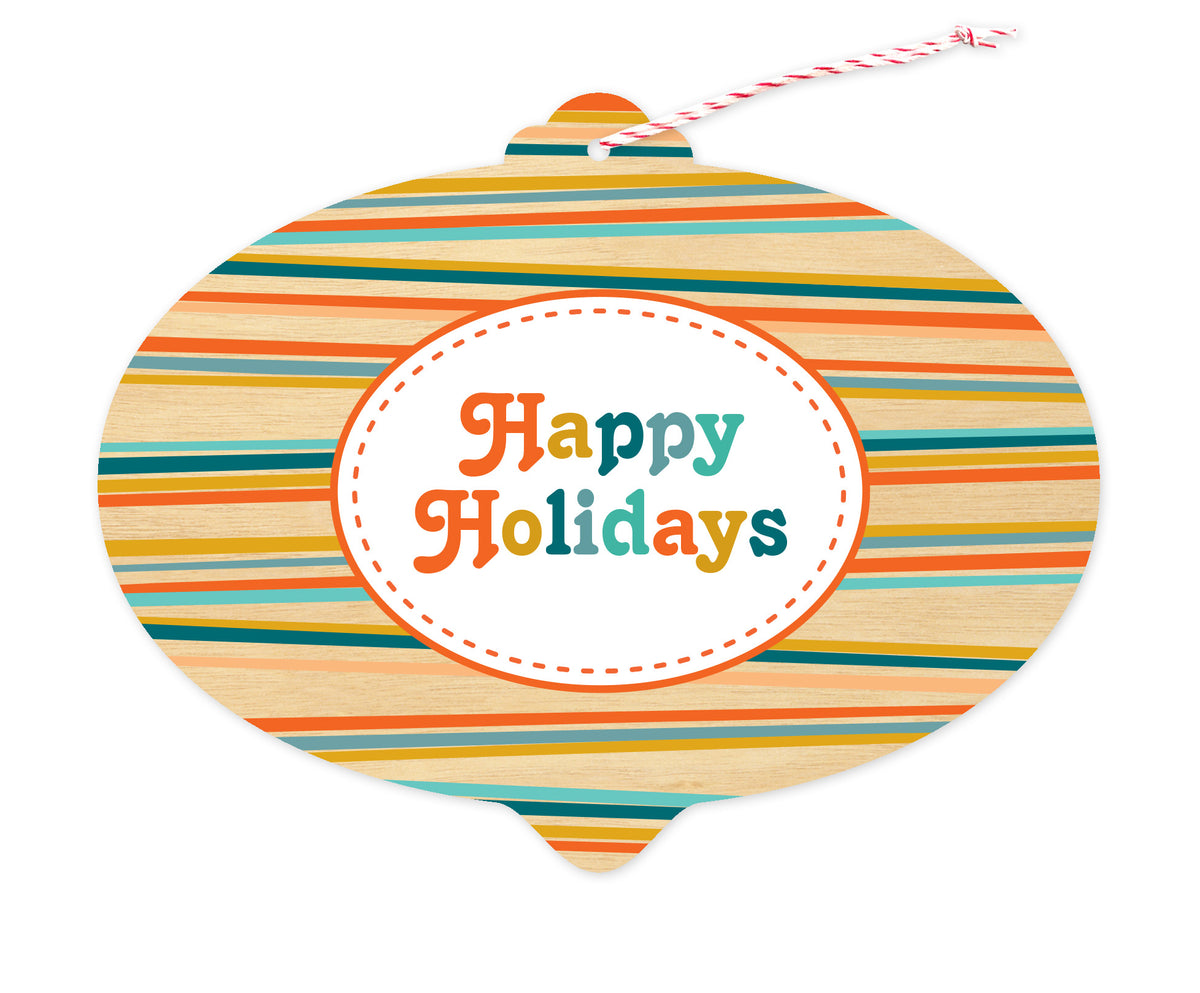 Front of bulb-shaped paper holiday ornament card with colorful stripes and “Happy Holidays” greeting.