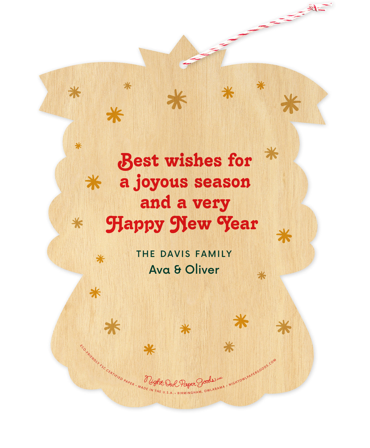Back of customizable angel-shaped paper Christmas ornament card with gold stars and a personal message on a printed birch wood grain background.