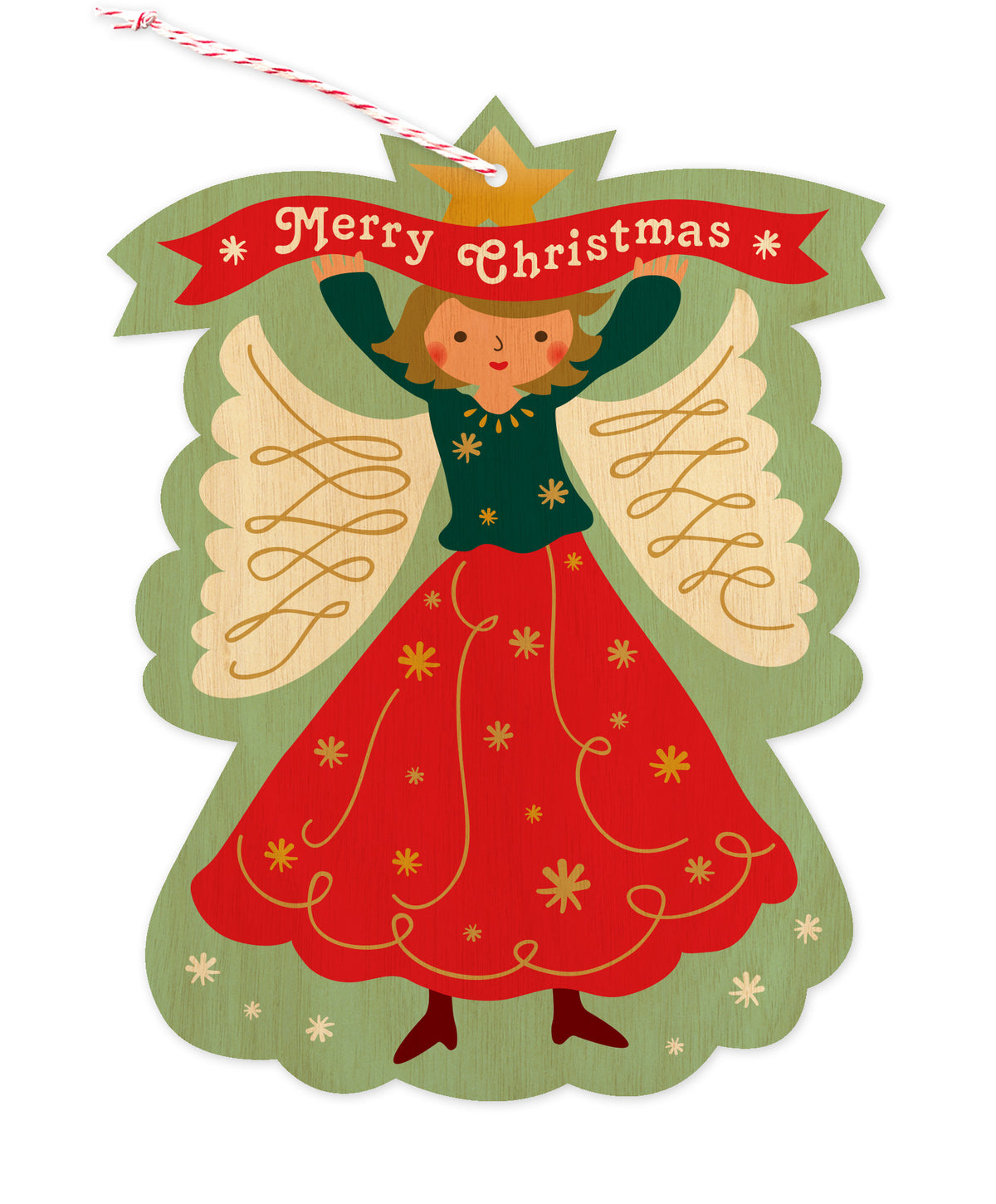 Front of paper holiday ornament card featuring a stylish angel holding a festive "Merry Christmas" banner on a printed birch wood grain background. 