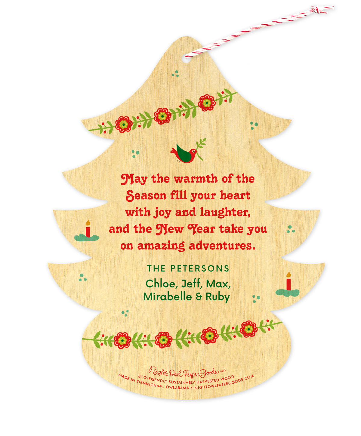 Back of tree-shaped wood ornament card with corresponding designs and a personal message.