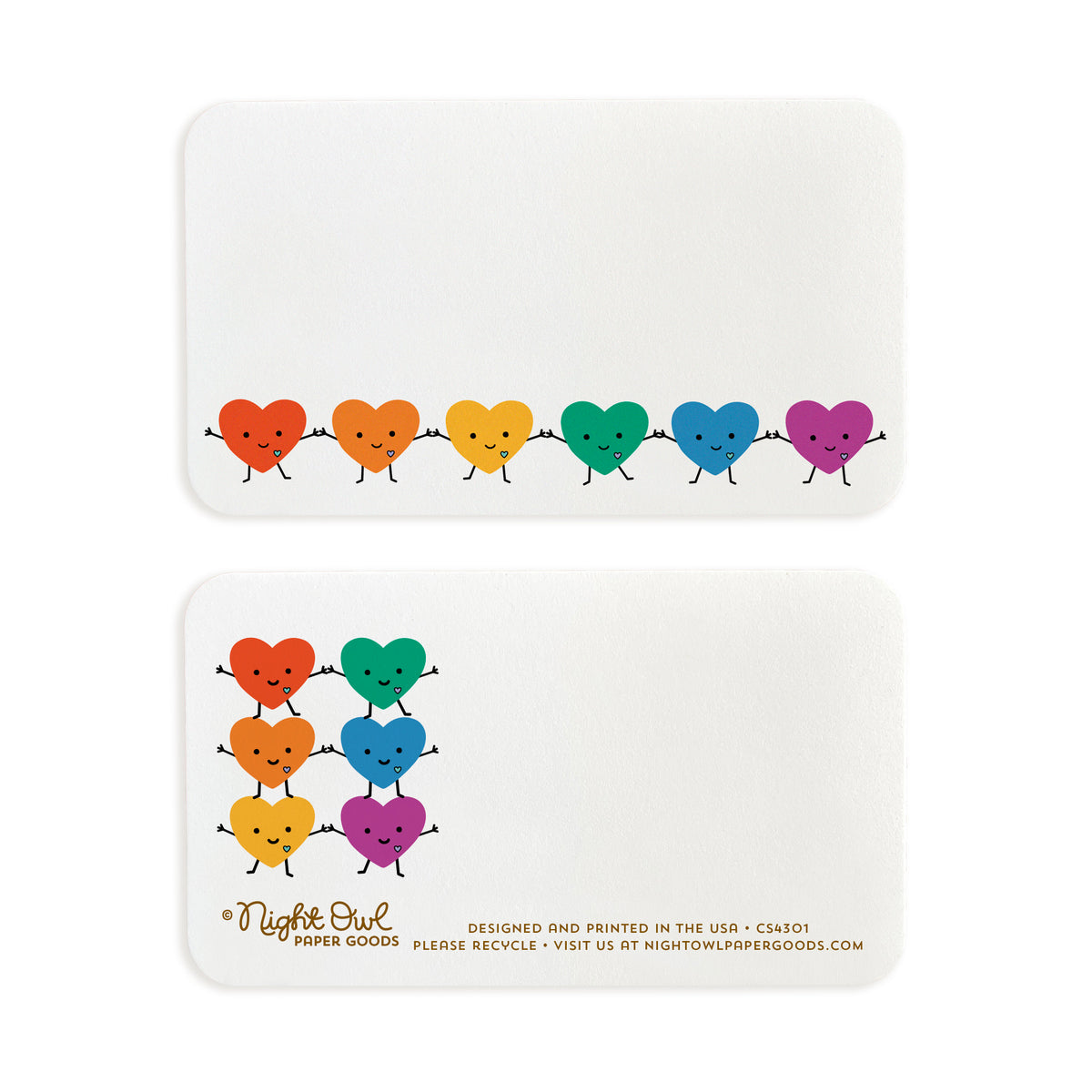 A Happy Hearts mini note card shown front and back. The front features a row of smiling rainbow hearts holding hands with space for a handwritten note, while the back features a coordinating rainbow hears design and small text at the bottom that reads "Night Owl Paper Goods - Designed and printed in the USA - Please recycle - Visit us at nightowlpapergoods.mom." Both sides include space for a handwritten note.