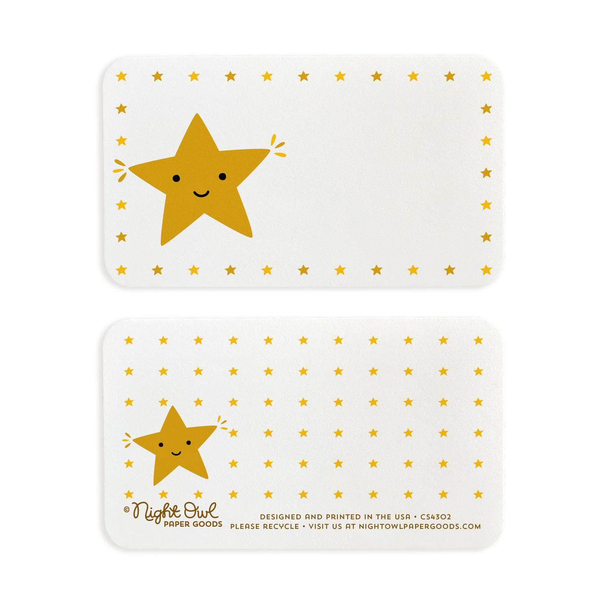 A small white Gold Star note card shown front and back. The front features a cute smiling golden star surrounded by a border of small gold stars, while the back has a coordinating star pattern and small text at the bottom that reads “Night Owl Paper Goods - Designed and printed in the USA - Please recycle - Visit us at nightowlpapergoods.mom.” The front includes space for a handwritten note.