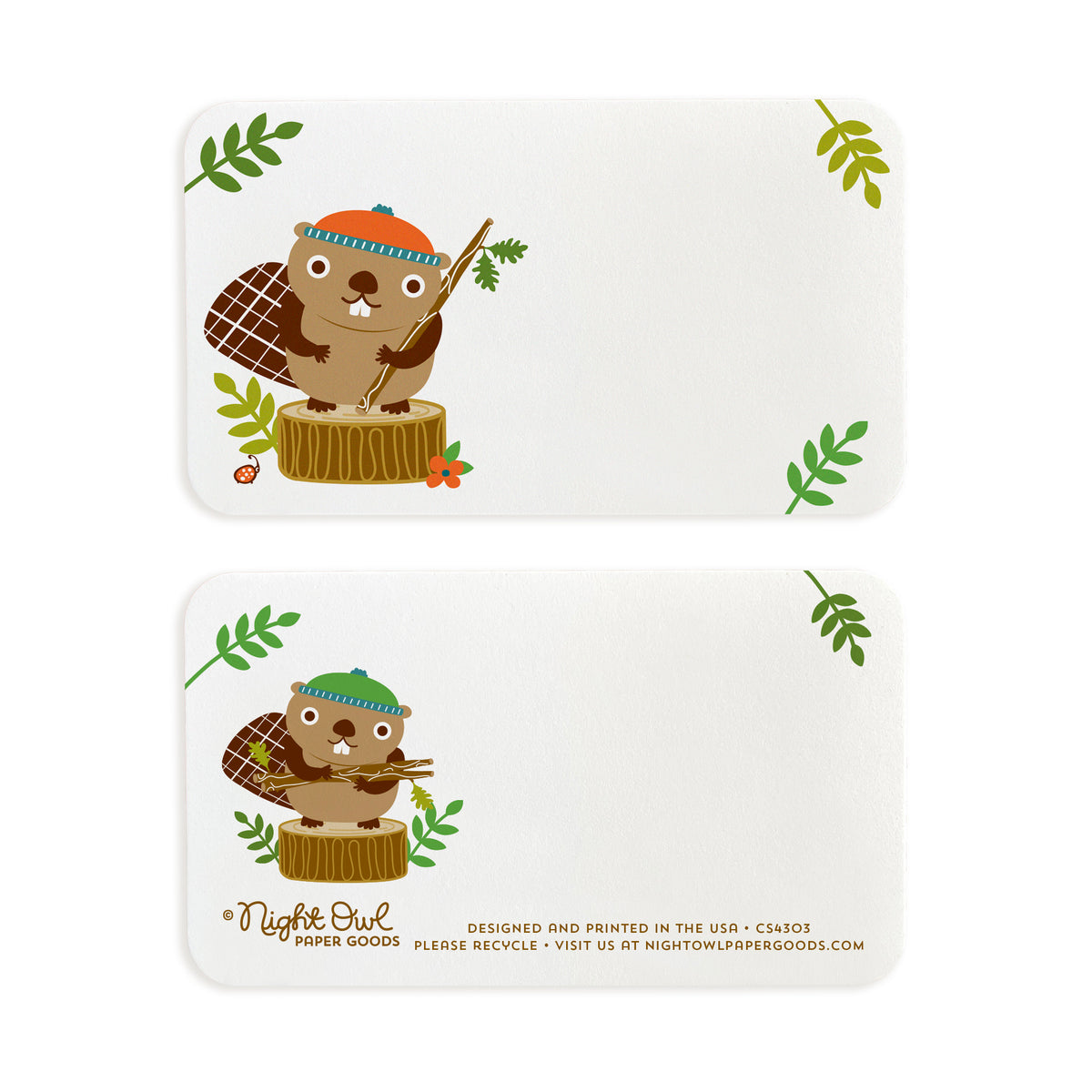 A small white Beaver note card shown front and back. The front features a cute beaver wearing an orange beanie on a tree stump, while the back has a coordinating beaver design and small text at the bottom that reads "Night Owl Paper Goods - Designed and printed in the USA - Please recycle - Visit us at nightowlpapergoods.mom." Both sides include space for a handwritten note.