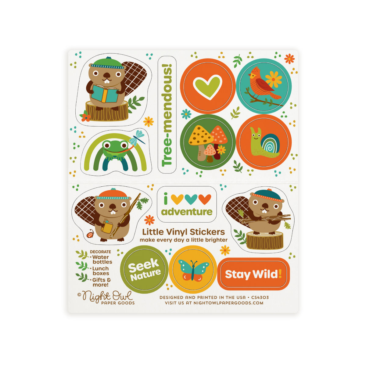 A sheet of cute woodland animal kiss-cut vinyl stickers on a white background. The stickers feature beavers, a frog, a heart, mushrooms, a bird, a snail, a butterfly and sayings like "Tree-mendous," "Seek Nature," and "Stay Wild!" in warm earthy colors like orange, green, brown and gold. Text on the sheet reads "Little Vinyl Stickers - make every day a little brighter - Decorate water bottles, lunch boxes, gifts & more - Night Owl Paper Goods - Designed and printed in the USA"