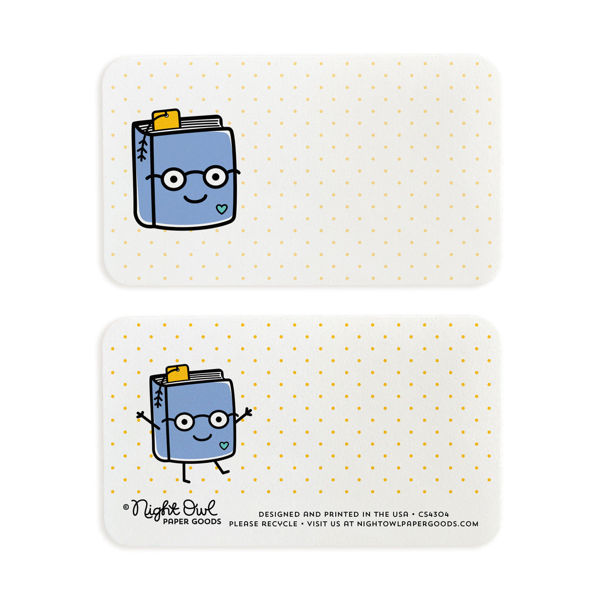 A small white Book Lover note card shown front and back. The front features a cute, smiling blue book wearing glasses on a pale yellow dotted background, while the back features the same book with arms and legs and text reading “Night Owl Paper Goods - Designed and printed in the USA - Please recycle - Visit us at nightowlpapergoods.mom.” Both sides include space for a handwritten note.