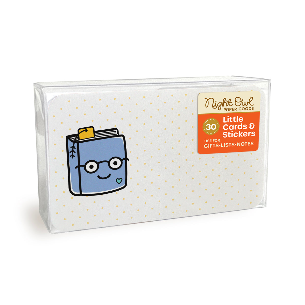 A clear plastic box displaying a small white note card with rounded corners featuring a cute smiling blue book wearing glasses. The box label reads “Night Owl Paper Goods - 30 - Little Cards & Stickers - Use for Gifts, Lists, Notes.”