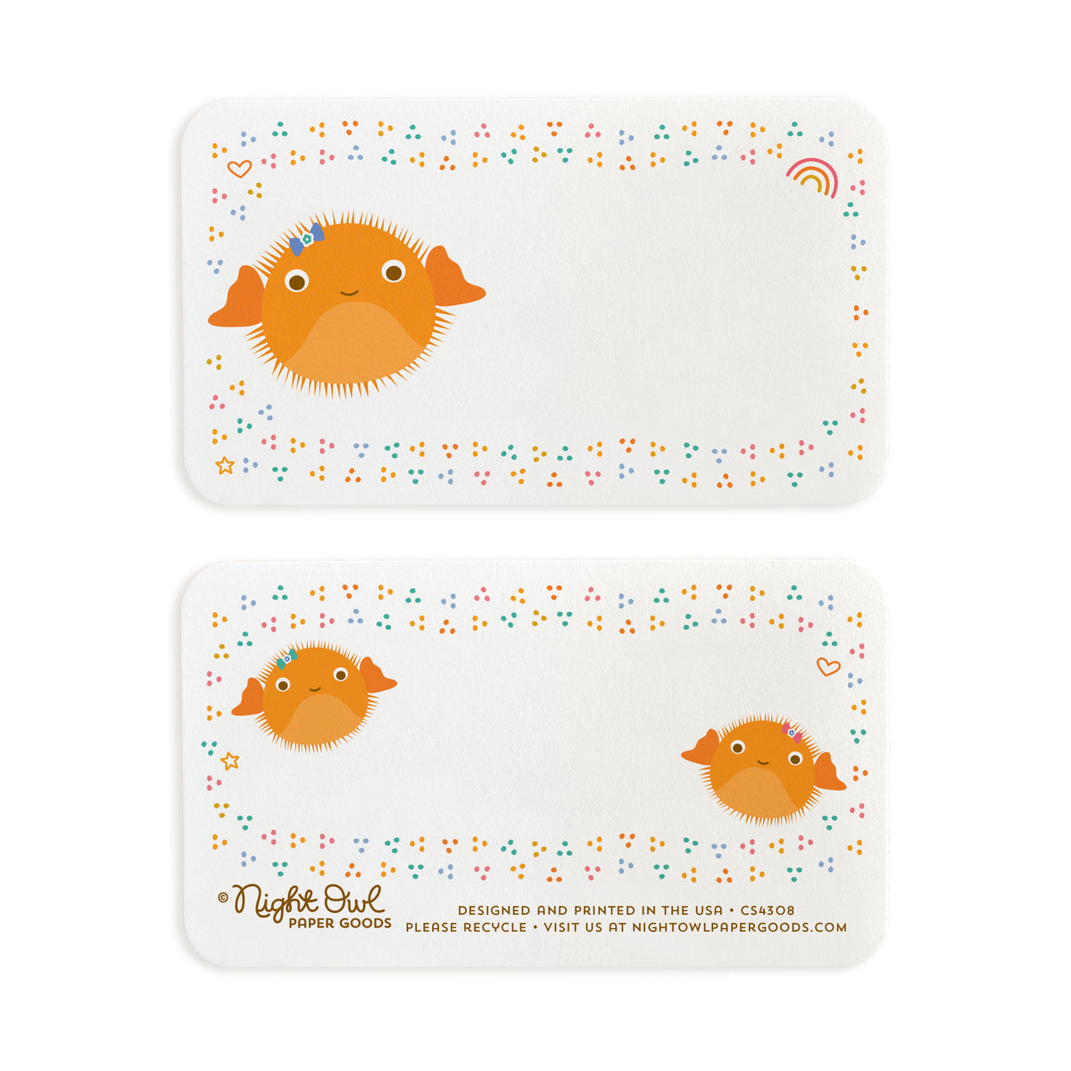 A small white Puffer Fish note card shown front and back. The front features a cute orange puffer fish surrounded by colorful confetti-like dots, a heart, a rainbow and a star, while the back has a coordinating design with two puffer fish and small text at the bottom that reads "Night Owl Paper Goods - Designed and printed in the USA - Please recycle - Visit us at nightowlpapergoods.mom." Both sides include space for a handwritten note.