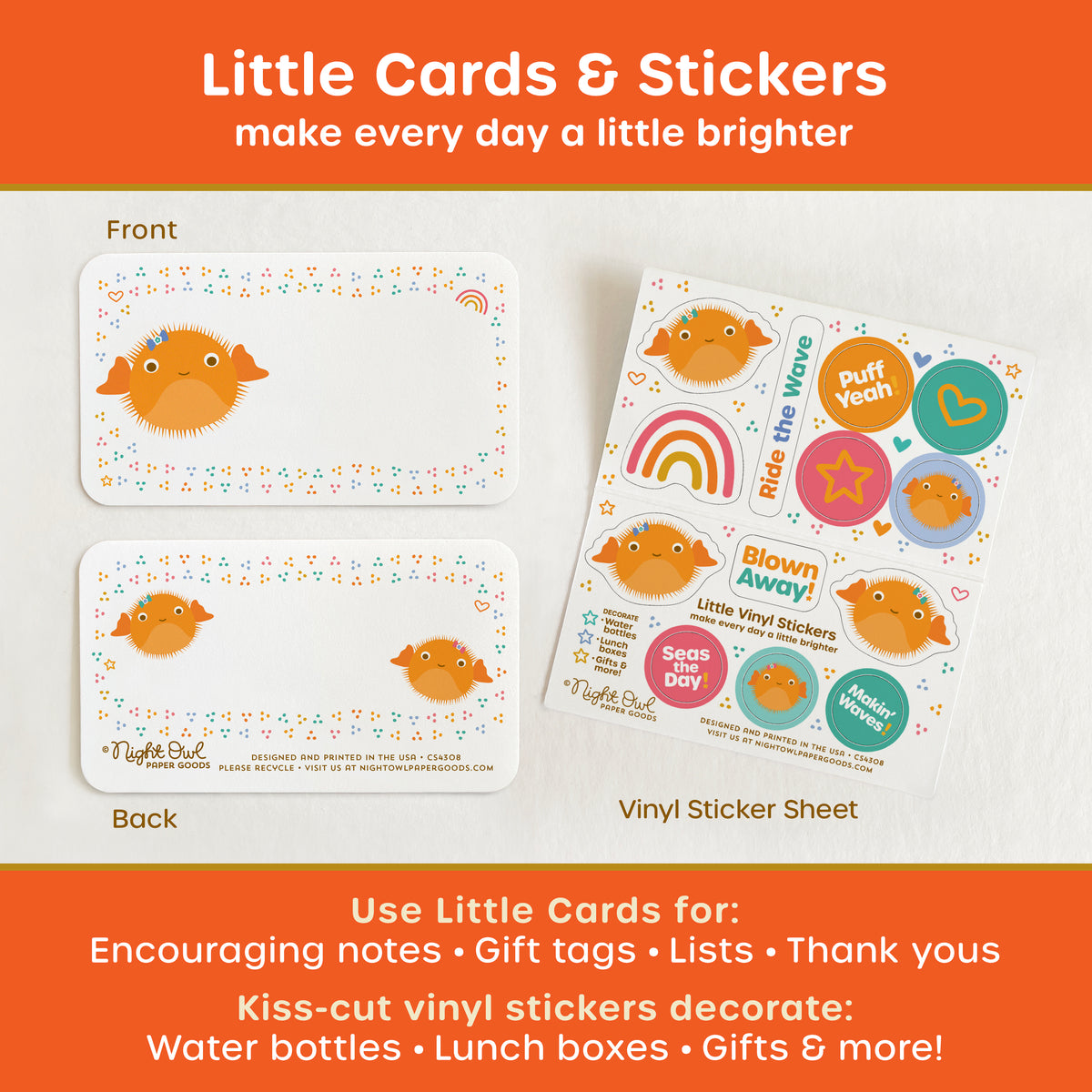 A product display for 'Little Cards & Stickers' featuring cute Puffer Fish mini note cards shown front and back and a coordinating kiss-cut vinyl sticker sheet with cheerful puffer fish, ocean-inspired designs, colorful hearts, stars, a rainbow and playful sayings. The text surrounding the image reads "Little Cards & Stickers - make every day a little brighter - Use Little Cards for: Encouraging notes, gift tags, lists, thank yous - Kiss-cut vinyl stickers decorate: Water bottles, lunch boxes, gifts & more!
