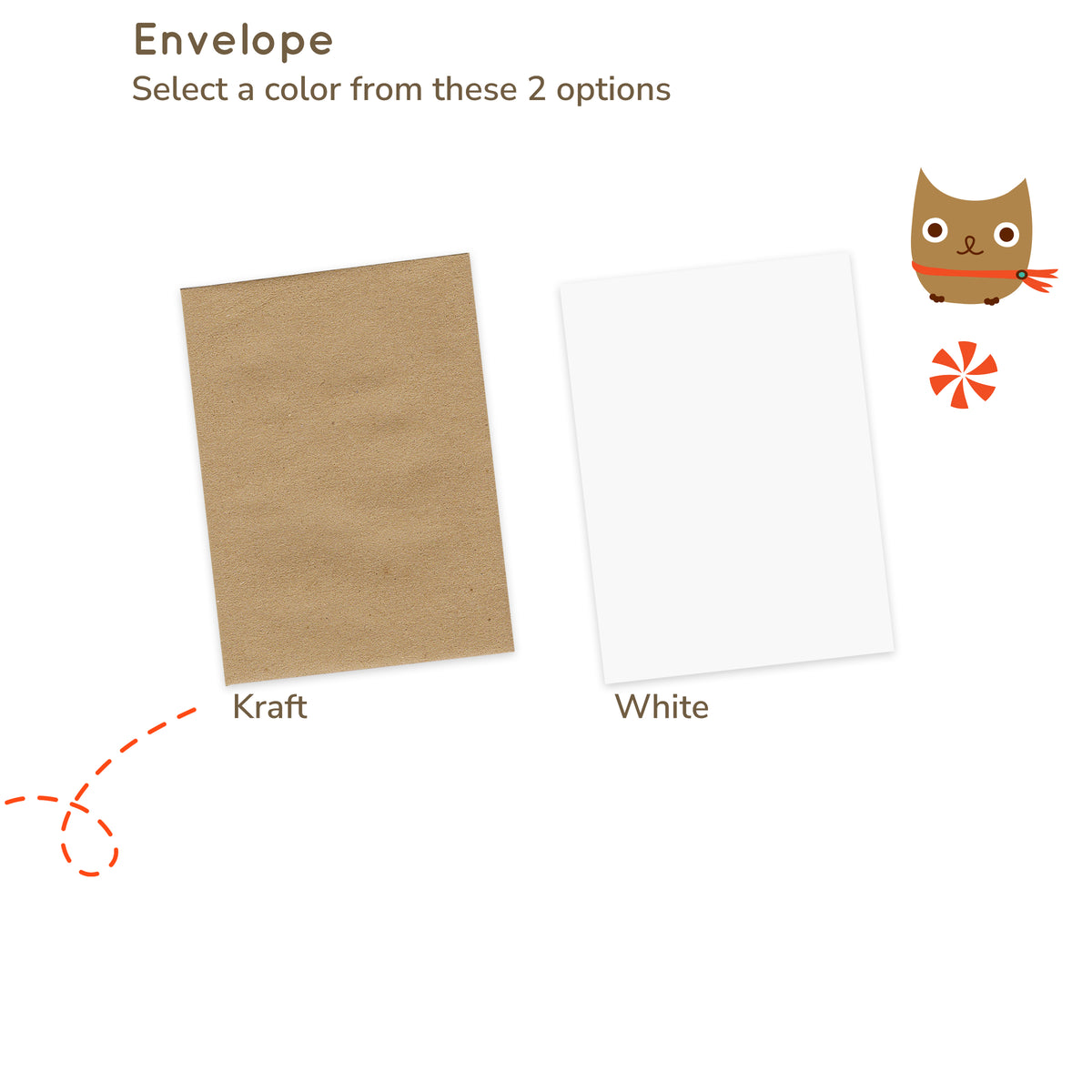 Two envelope options, Kraft and White, with an illustrated owl on a white background.