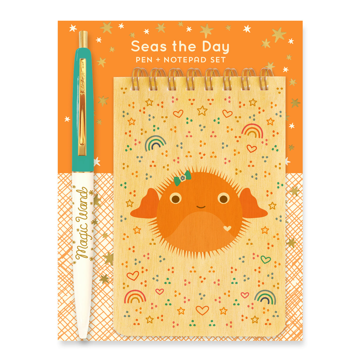 Gift Set that includes a Puffer Fish Wood Mini Notepad + Magic Wand ballpoint pen mounted on an orange backer card with white and gold foil stars.