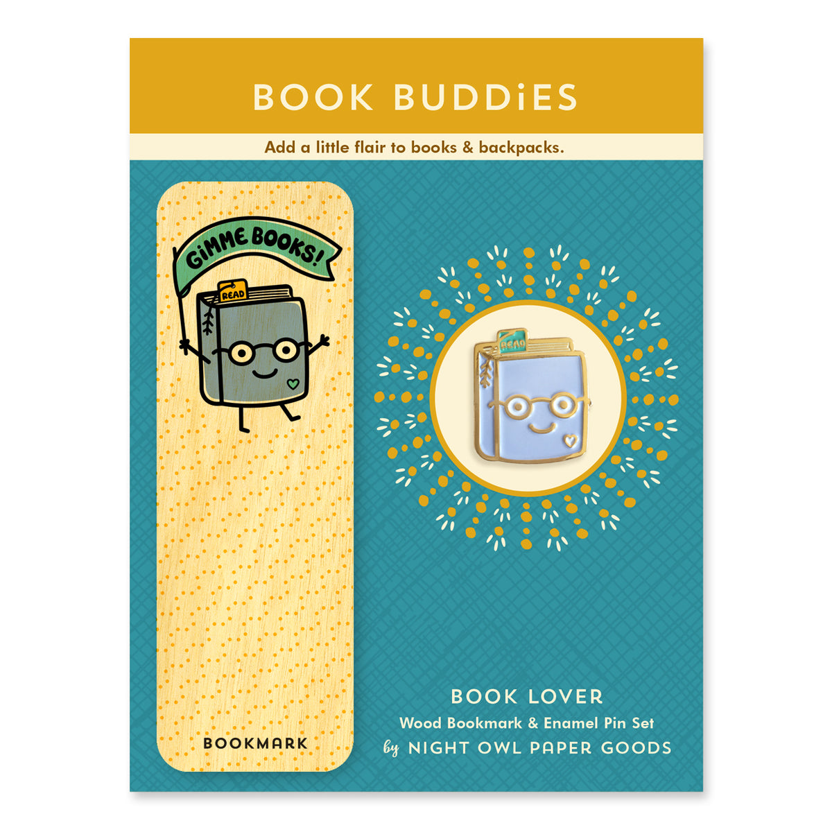 Book Buddies bookmark and enamel pin set packaging with cartoon book character design.