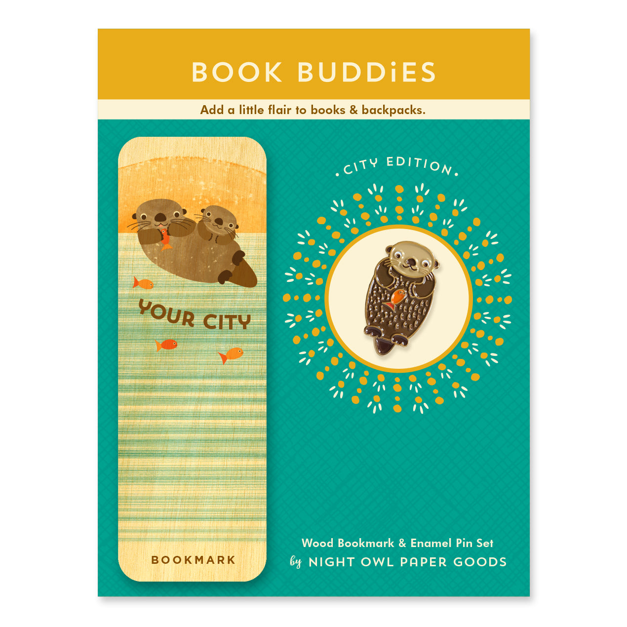 Packaging of Book Buddies set with customizable otter bookmark and coordinating otter enamel pin featuring on a teal backer card.