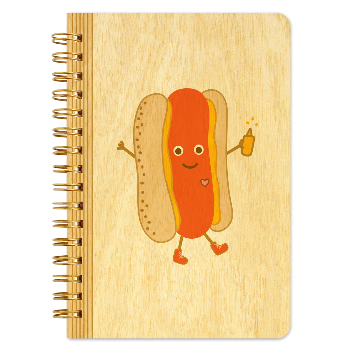 Spiral-bound wood notebook with birch wood covers featuring a cheerful hot dog in a bun, holding a bottle of mustard and wearing sneakers.