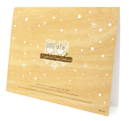  Back of Peppermint Hedgies folded paper holiday card featuring a warm birch wood-printed background with snowflakes and dots and the Night Owl Paper Goods logo.