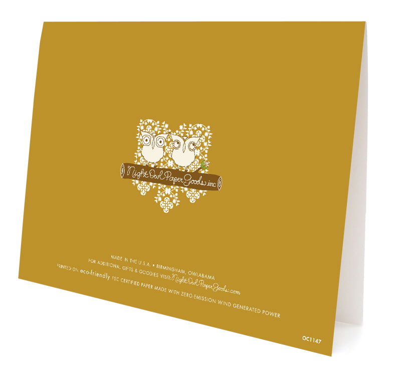  Back of holiday Golden New Year folded holiday card. Gold background  with white and brown Night Owl Paper Goods logo.