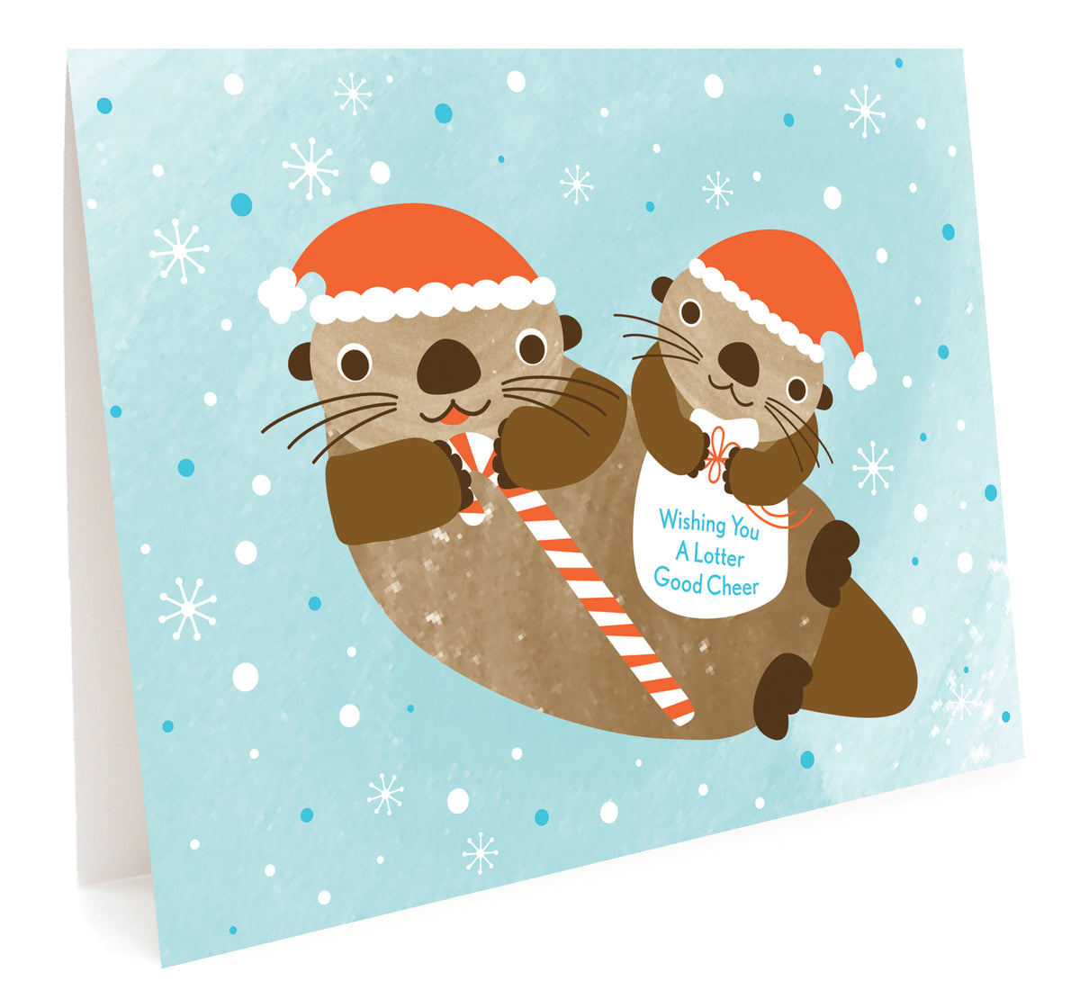 Lotter Otter folded holiday card featuring two otters wearing Santa hats and holding candy canes against a snowy light blue background. Text reads 'Wishing you a lotter good cheer'