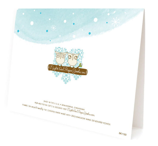  Back of Lotter Otter holiday greeting card with snowy light blue and white background and Night Owl Paper Goods logo