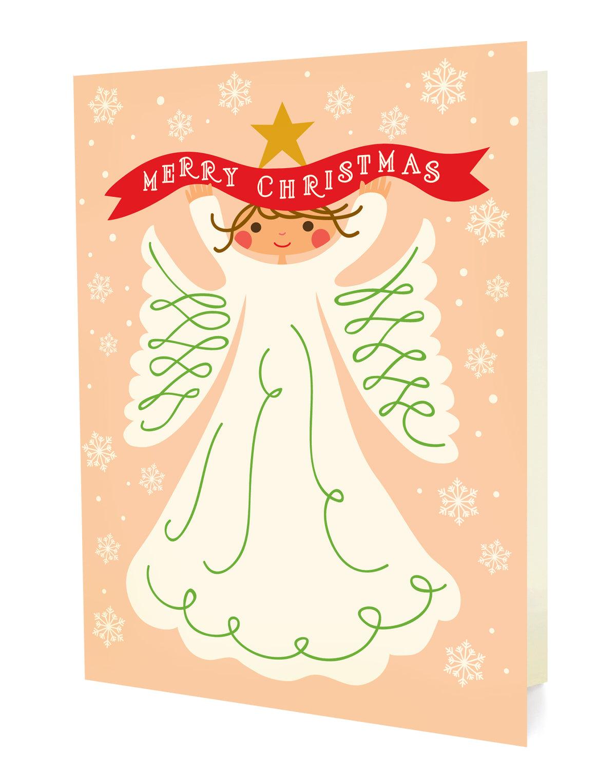 Front of folded Christmas card with an angel holding a 'Merry Christmas' banner on a pink background with snowflakes.