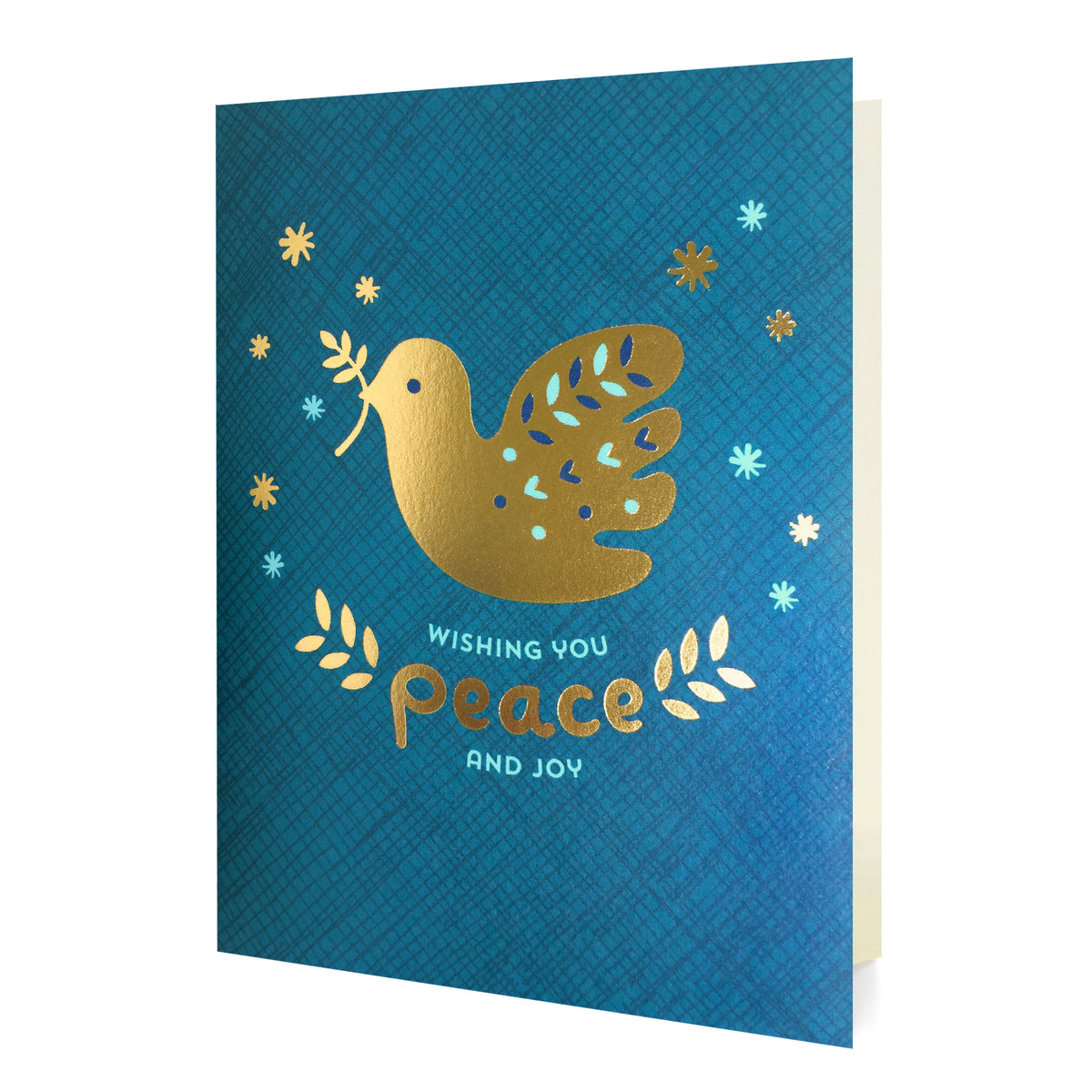 Gold Dove Gold Foil Holiday Card featuring a shimmering gold foil dove carrying an olive branch against a rich blue crosshatch background with gold foil snowflakes and the greeting "Wishing You Peace and Joy"