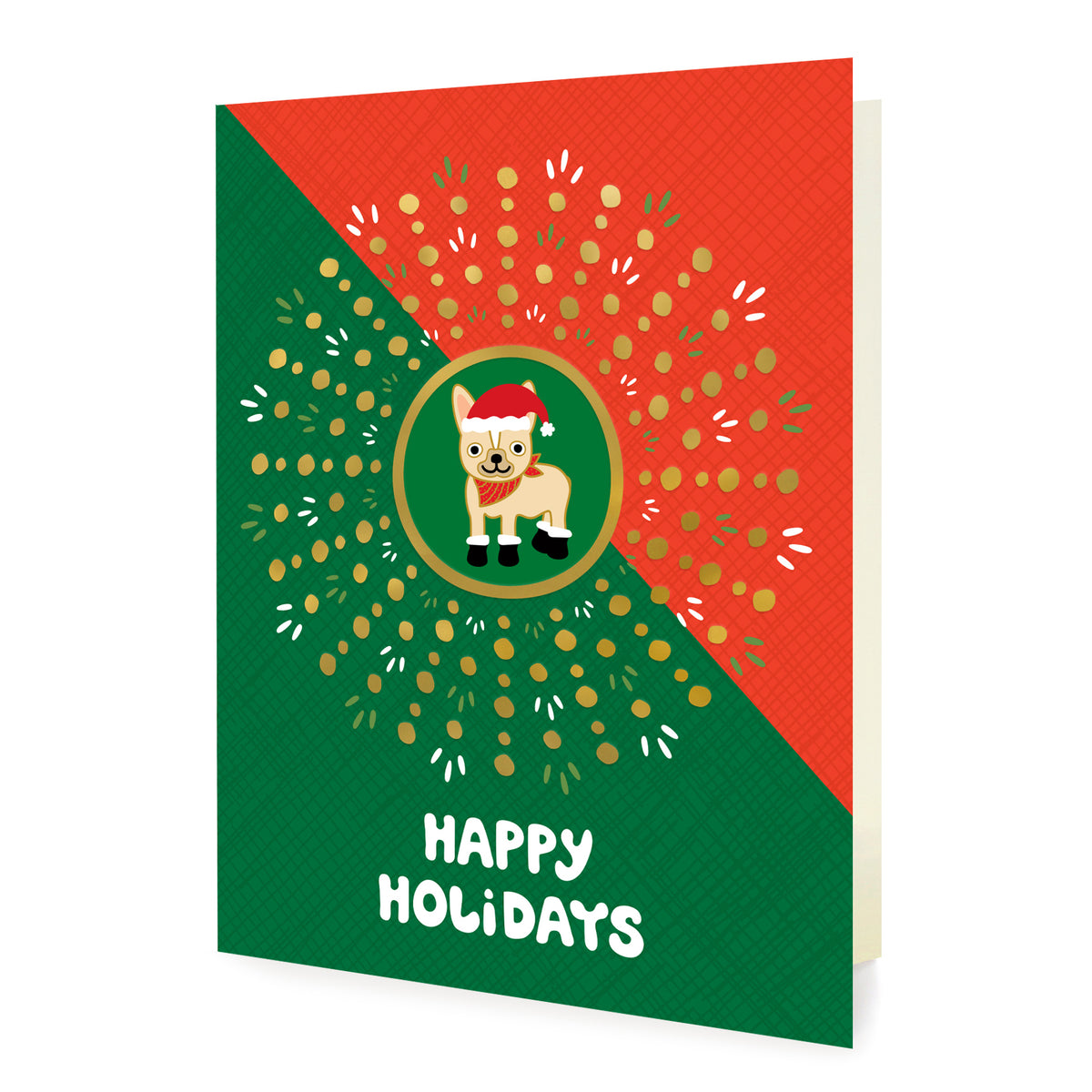 Festive Frenchie Gold Foil Holiday Card featuring a French bulldog in a Santa hat and red bandana in a green circle surrounded by a gold foil dot sunburst on a bold red and green diagonal background with a "Happy Holidays" greeting